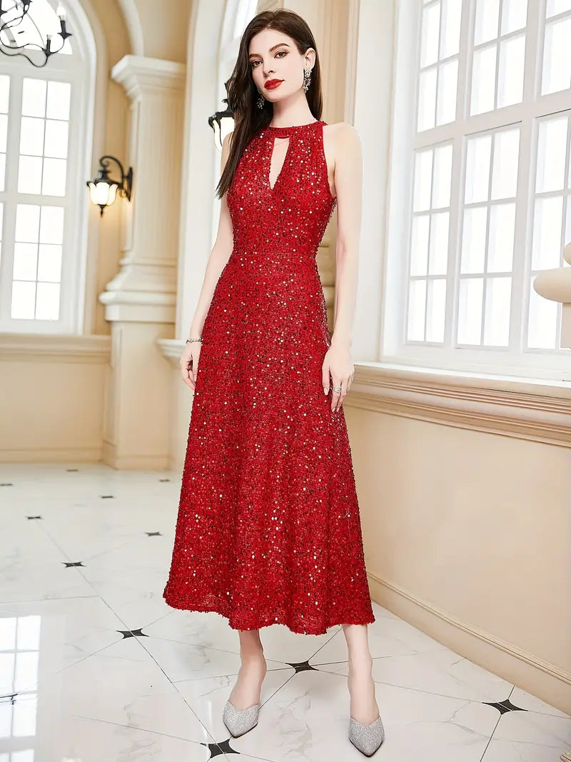 Elegant Solid Ruffle Hem Sequined Dress