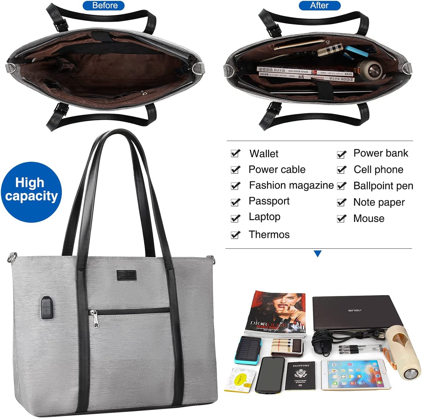 17.3 inch Large Gray Laptop Tote Bag