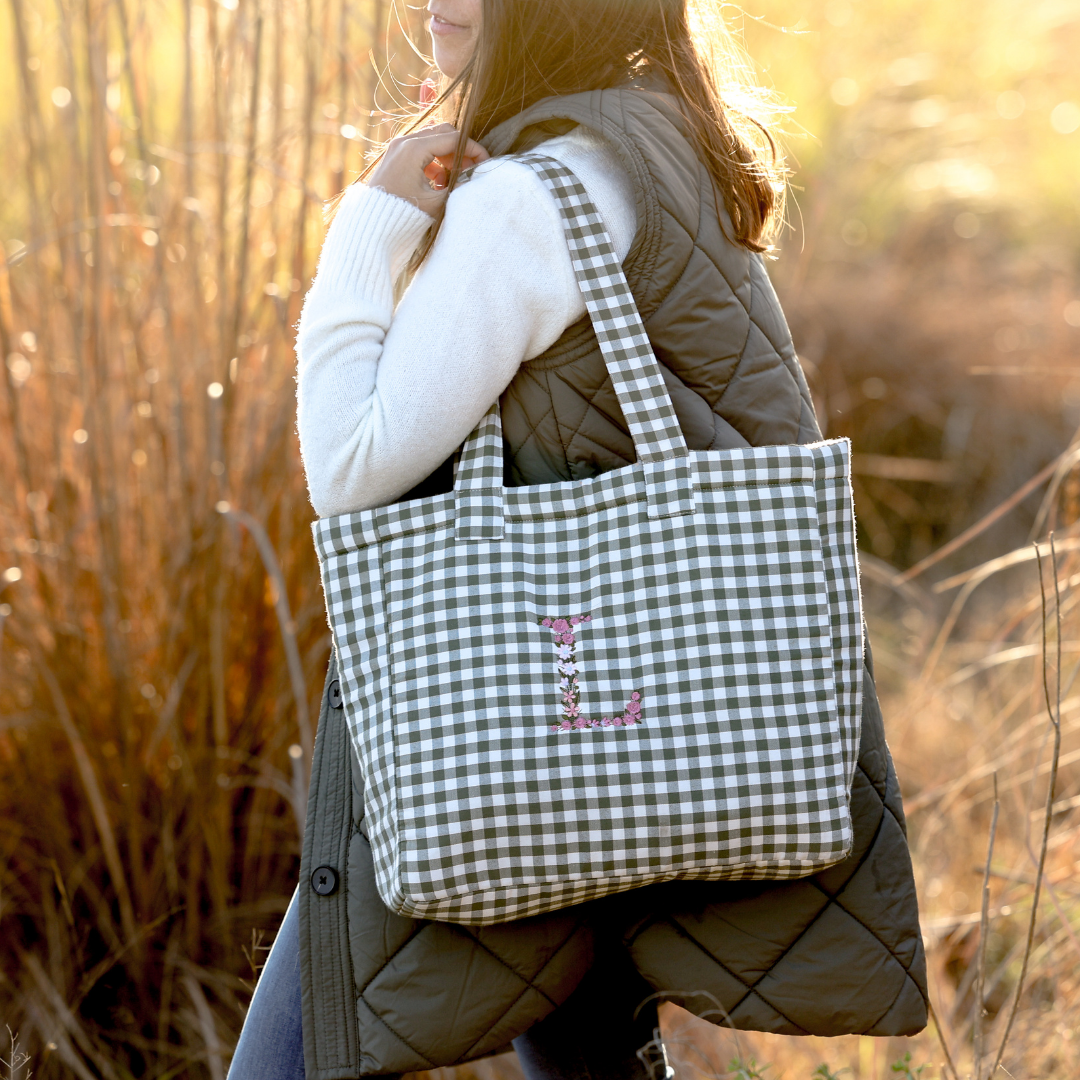 Gingham Khaki Blumen Tasche