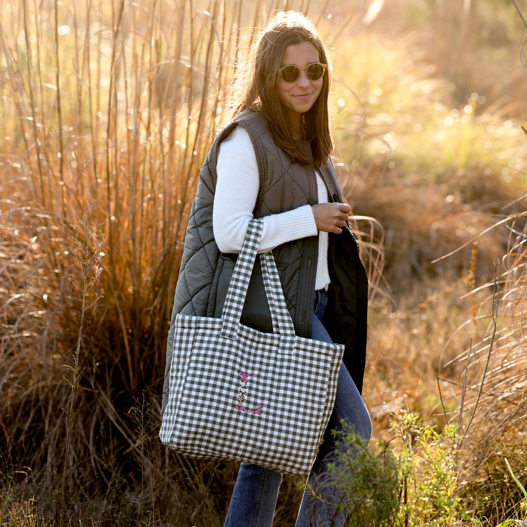 Gingham Khaki Blumen Tasche