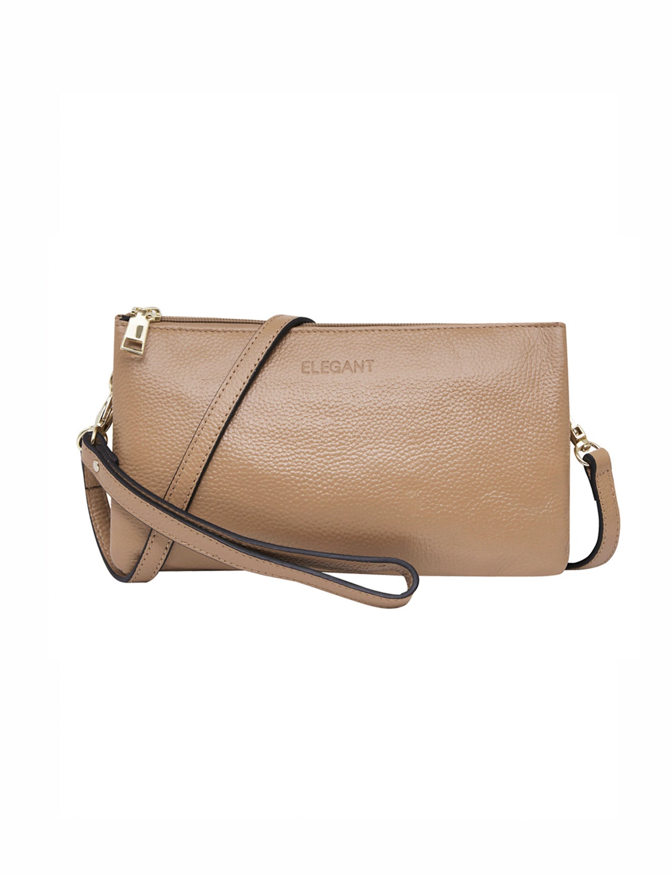 CANDICE LEDERBRIEFTASCHE MIT SCHULTERGURT – KAMEL
