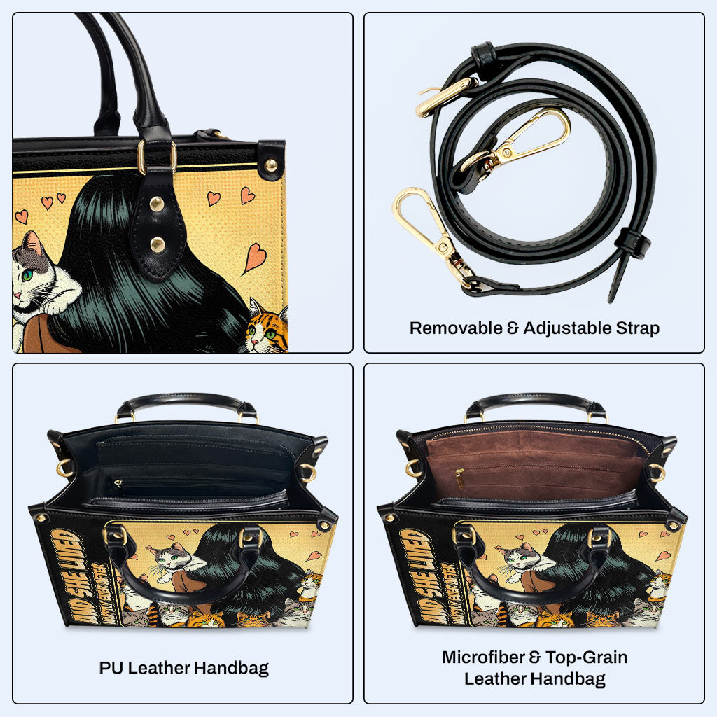 Und sie lebte glücklich bis ans Ende ihrer Tage – Schwarz – Personalisierte Lederhandtasche für Katzenliebhaber – LL04BLACK