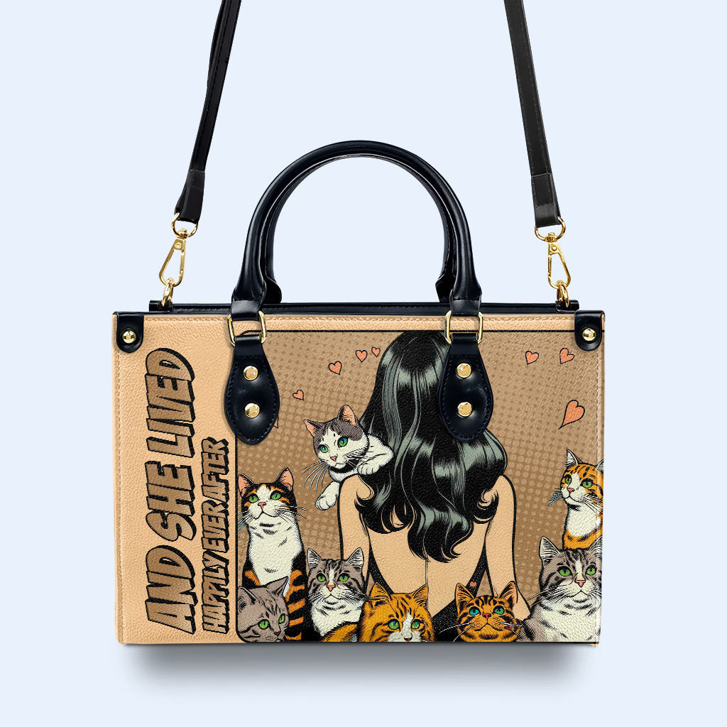 Und sie lebte glücklich bis ans Ende ihrer Tage – Braun – Personalisierte Lederhandtasche für Katzenliebhaber – LL04BROWN