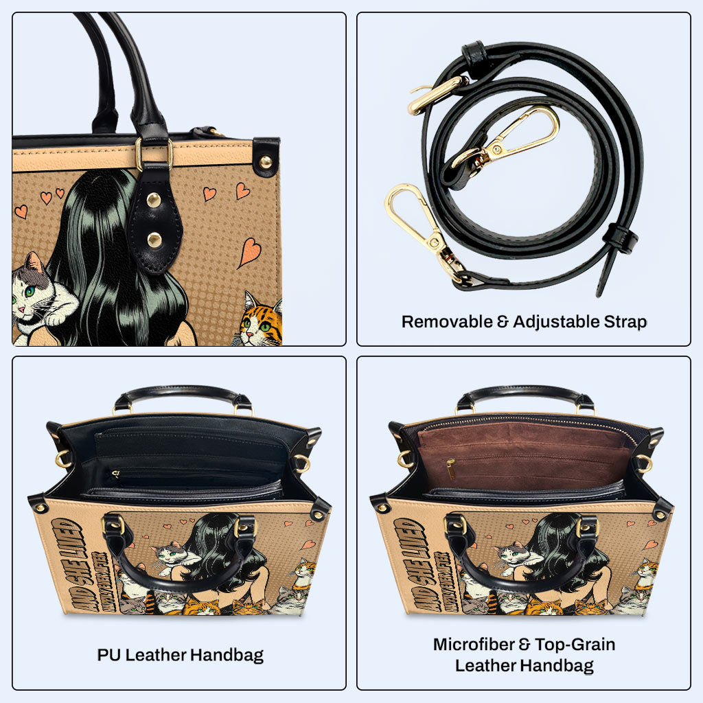 Und sie lebte glücklich bis ans Ende ihrer Tage – Braun – Personalisierte Lederhandtasche für Katzenliebhaber – LL04BROWN