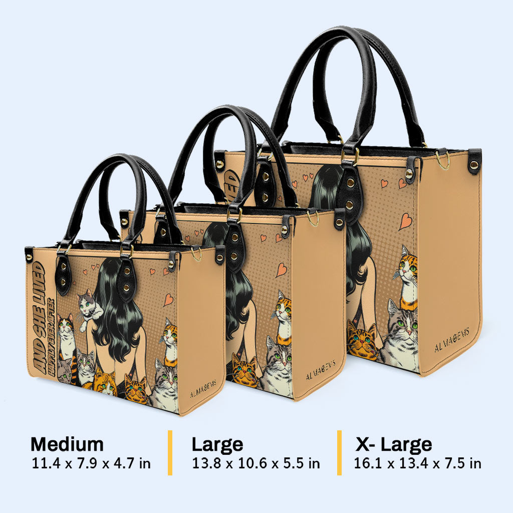 Und sie lebte glücklich bis ans Ende ihrer Tage – Braun – Personalisierte Lederhandtasche für Katzenliebhaber – LL04BROWN