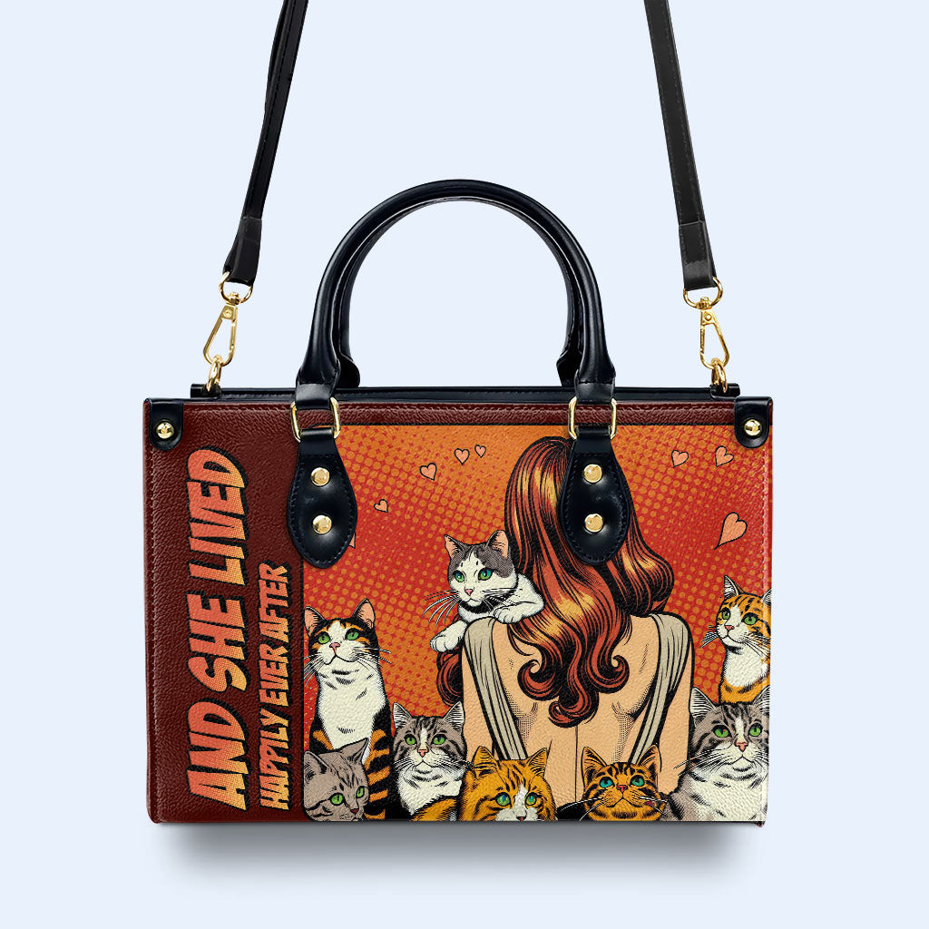 Und sie lebte glücklich bis ans Ende ihrer Tage – Rot – Personalisierte Lederhandtasche für Katzenliebhaber – LL04RED