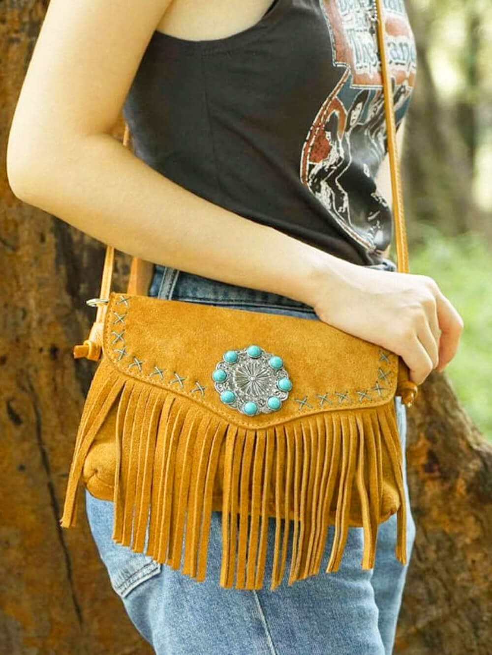 Türkise Concho-Ledertasche mit Magnetverschluss und Überschlag