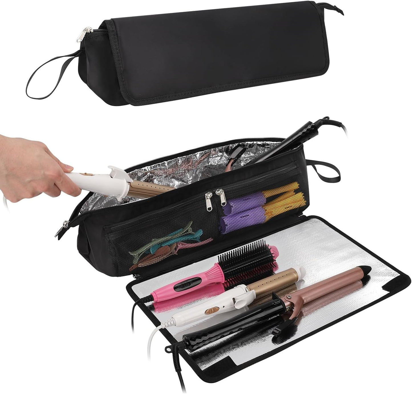 2-in-1-Reisetasche für Haarwerkzeuge und hitzebeständige Alufolienmatte