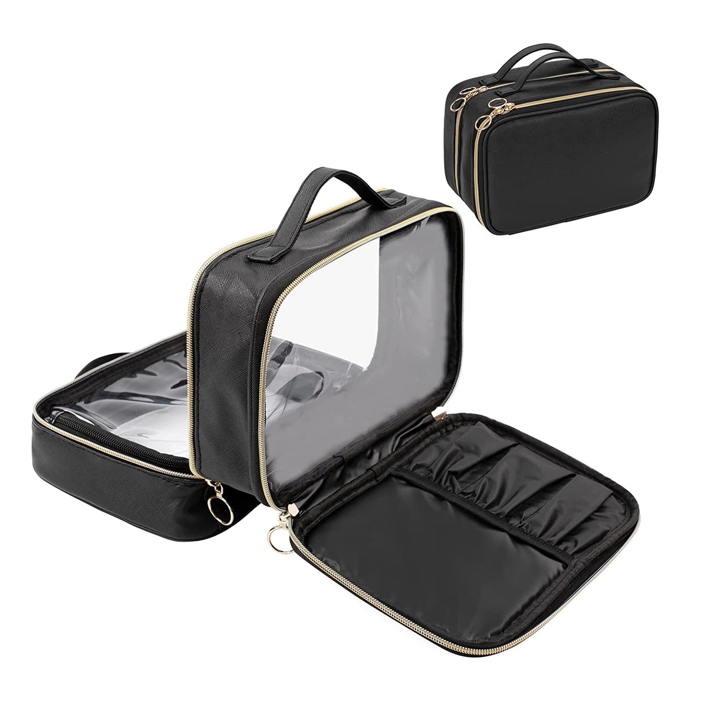 Schwarzer, doppellagiger, transparenter Make-up-Kosmetikkoffer