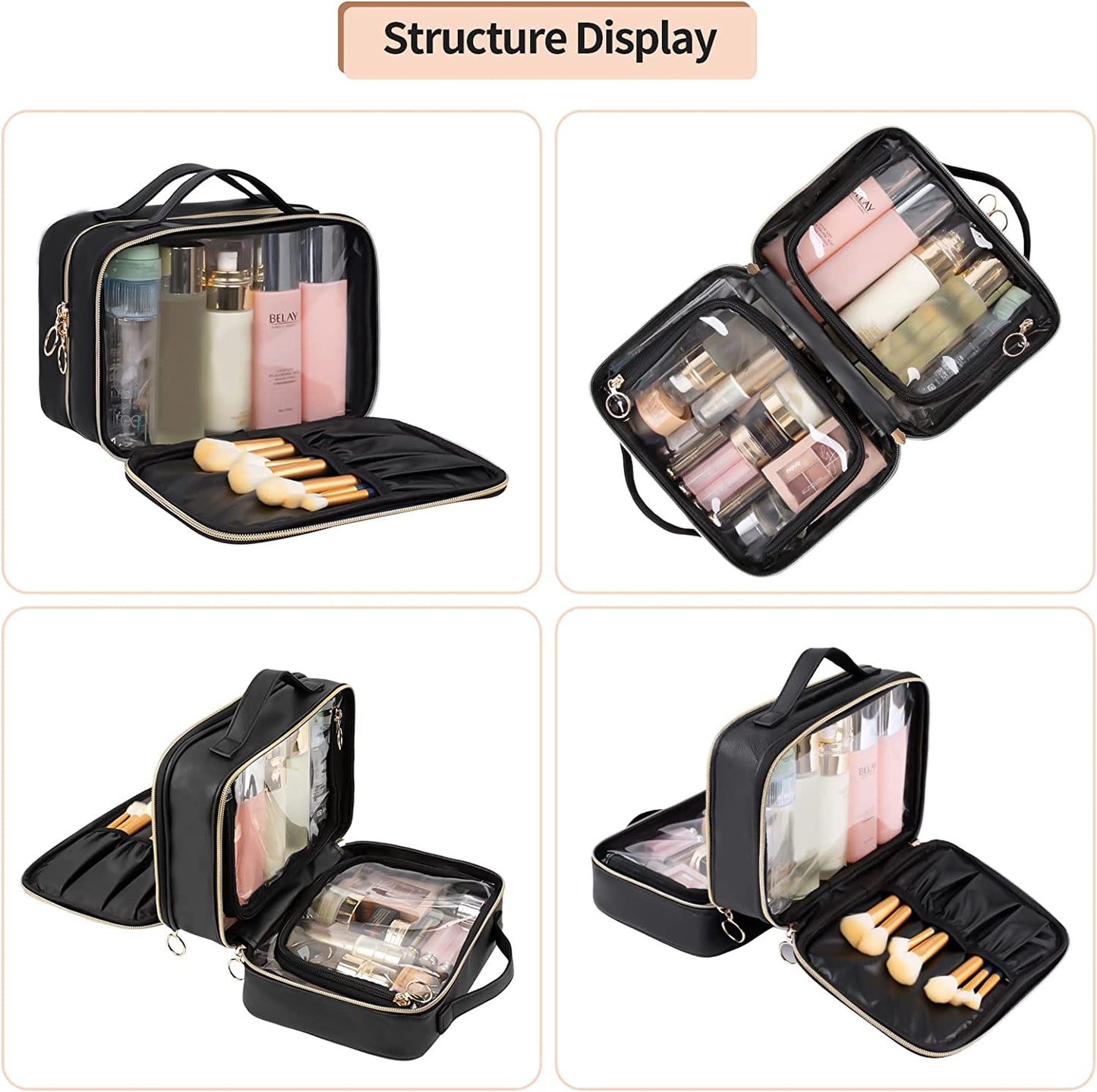 Schwarzer, doppellagiger, transparenter Make-up-Kosmetikkoffer