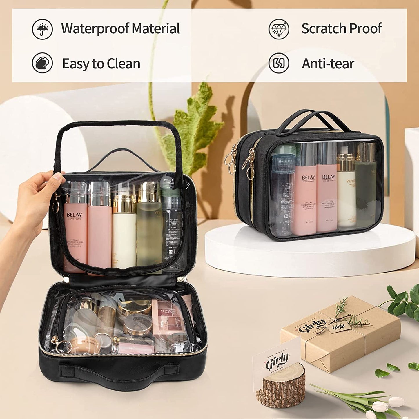 Schwarzer, doppellagiger, transparenter Make-up-Kosmetikkoffer