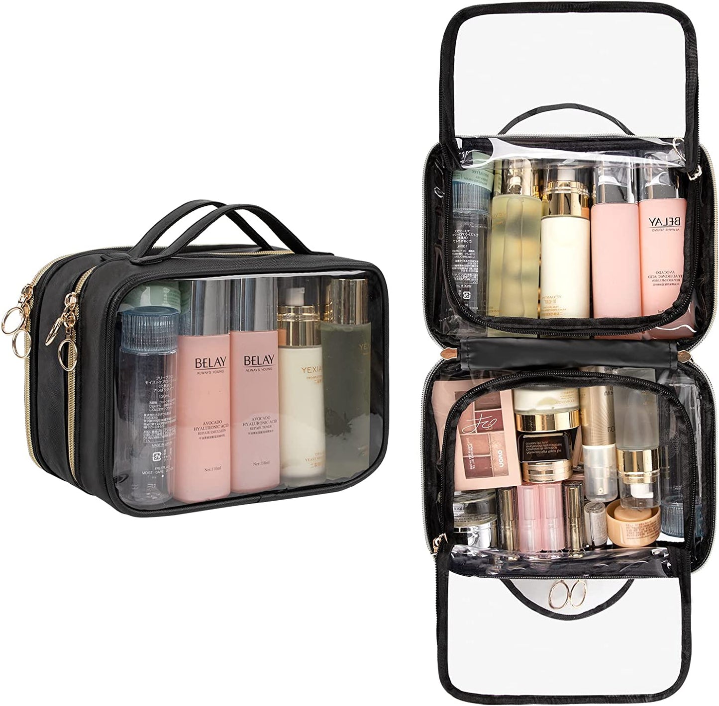Schwarzer, doppellagiger, transparenter Make-up-Kosmetikkoffer