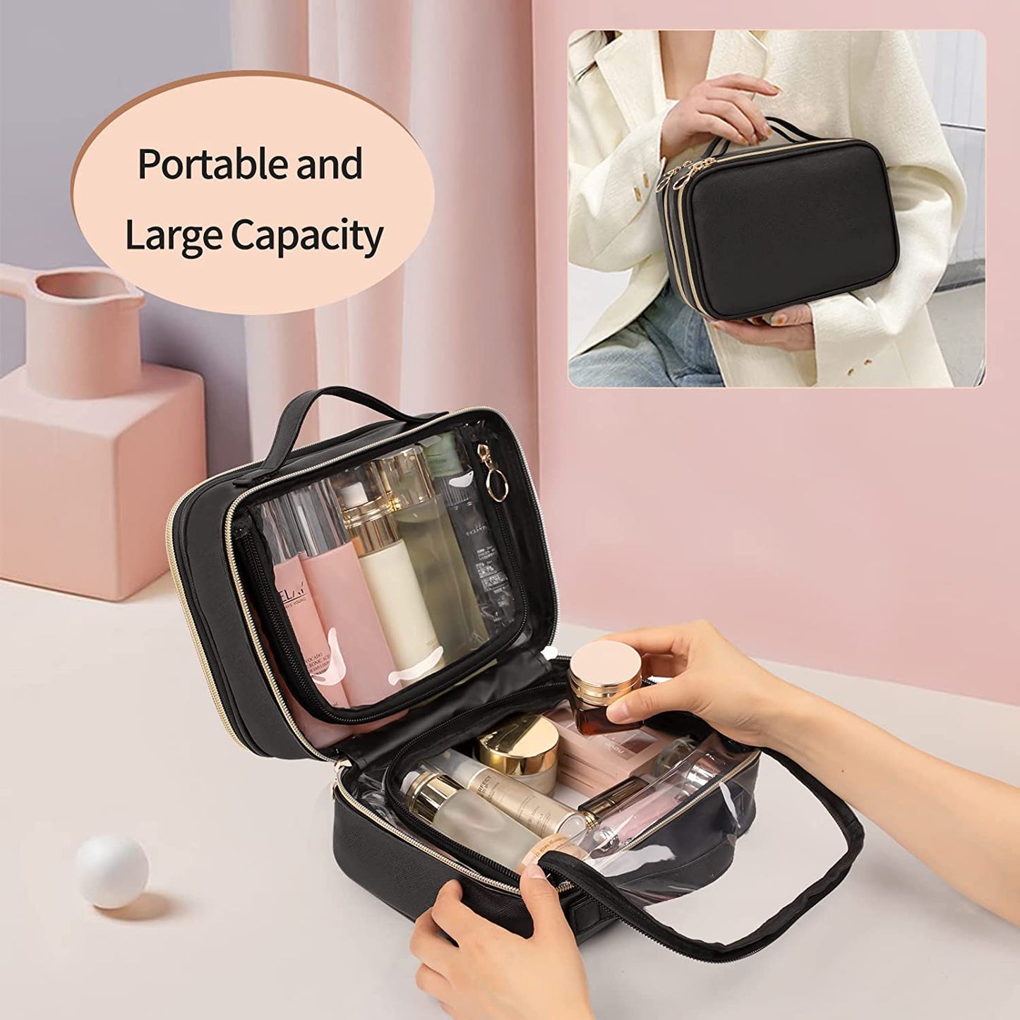Schwarzer, doppellagiger, transparenter Make-up-Kosmetikkoffer