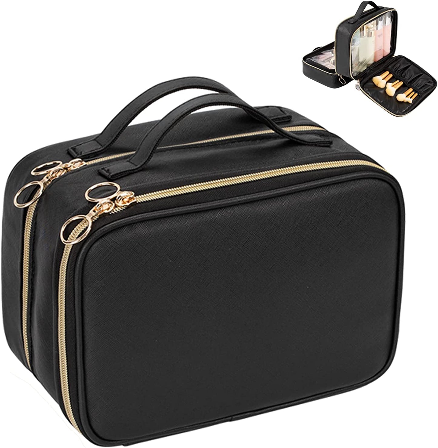 Schwarzer, doppellagiger, transparenter Make-up-Kosmetikkoffer