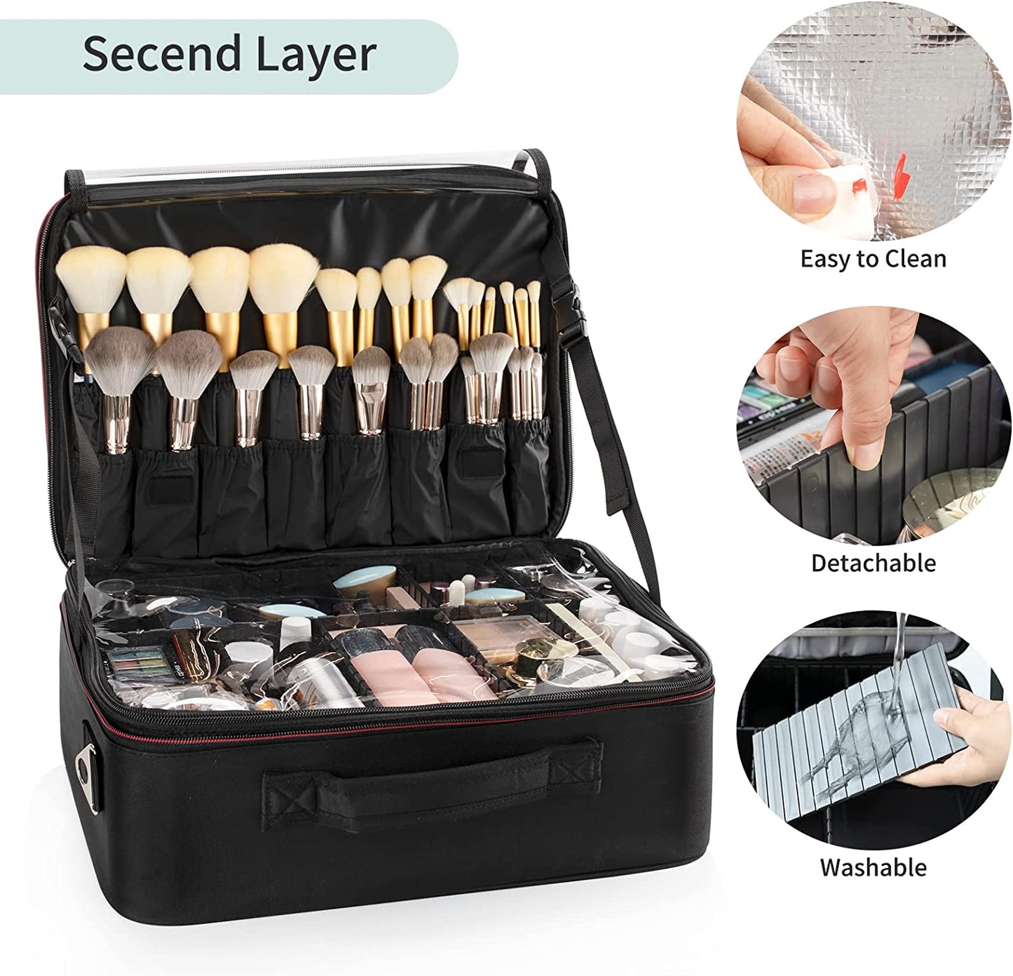 Schwarzer, extragroßer Make-up-Koffer mit abwaschbarer Kunststoff-Trennwand und Wärmeisolationsschicht
