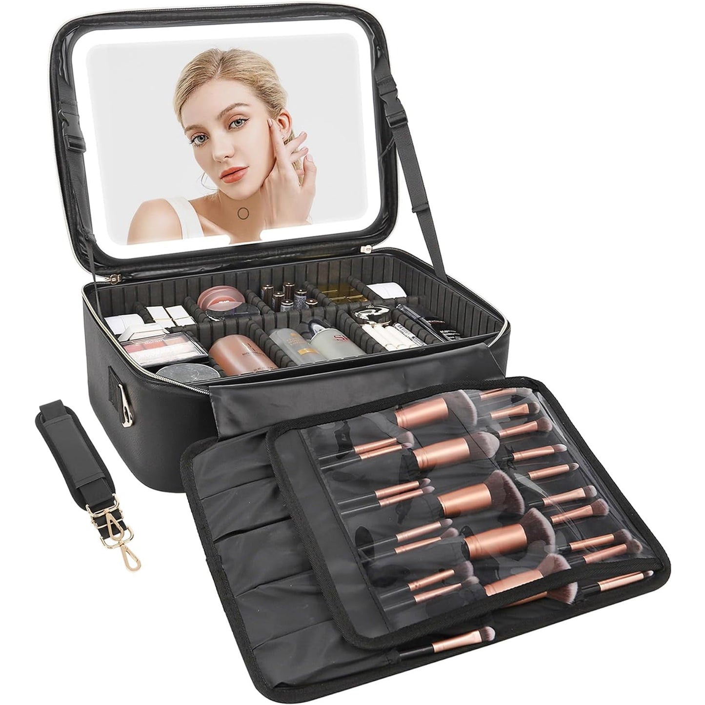 Relavel Großer Make-up-Koffer mit LED-Spiegel, Schwarz