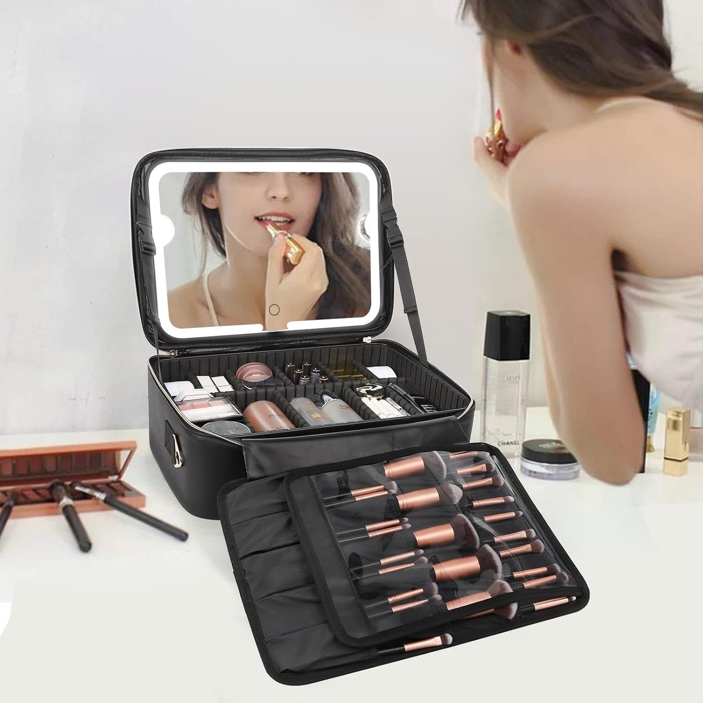 Relavel Großer Make-up-Koffer mit LED-Spiegel, Schwarz