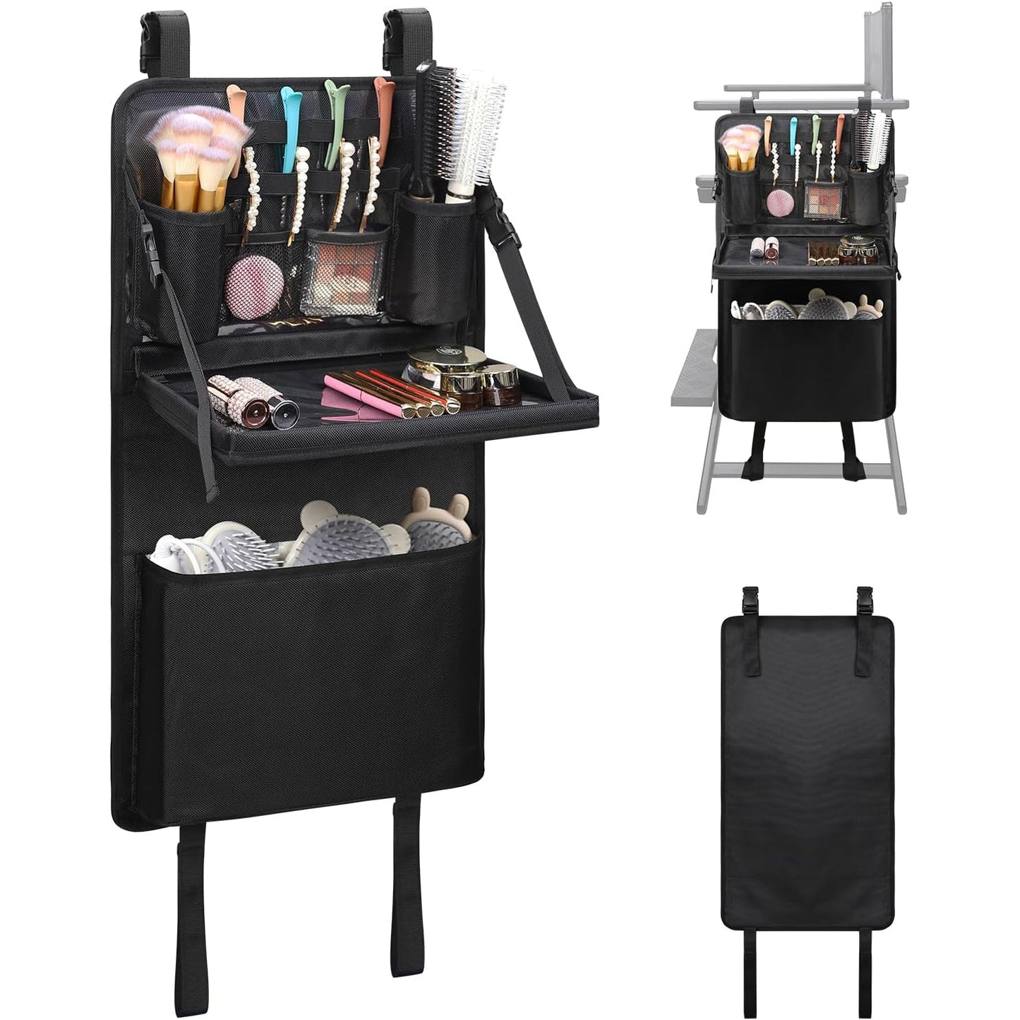 Tragbarer Make-up-Artist-Stuhl mit zwei seitlichen Aufbewahrungstaschen, Fußstütze und Rucksack-Tragetasche
