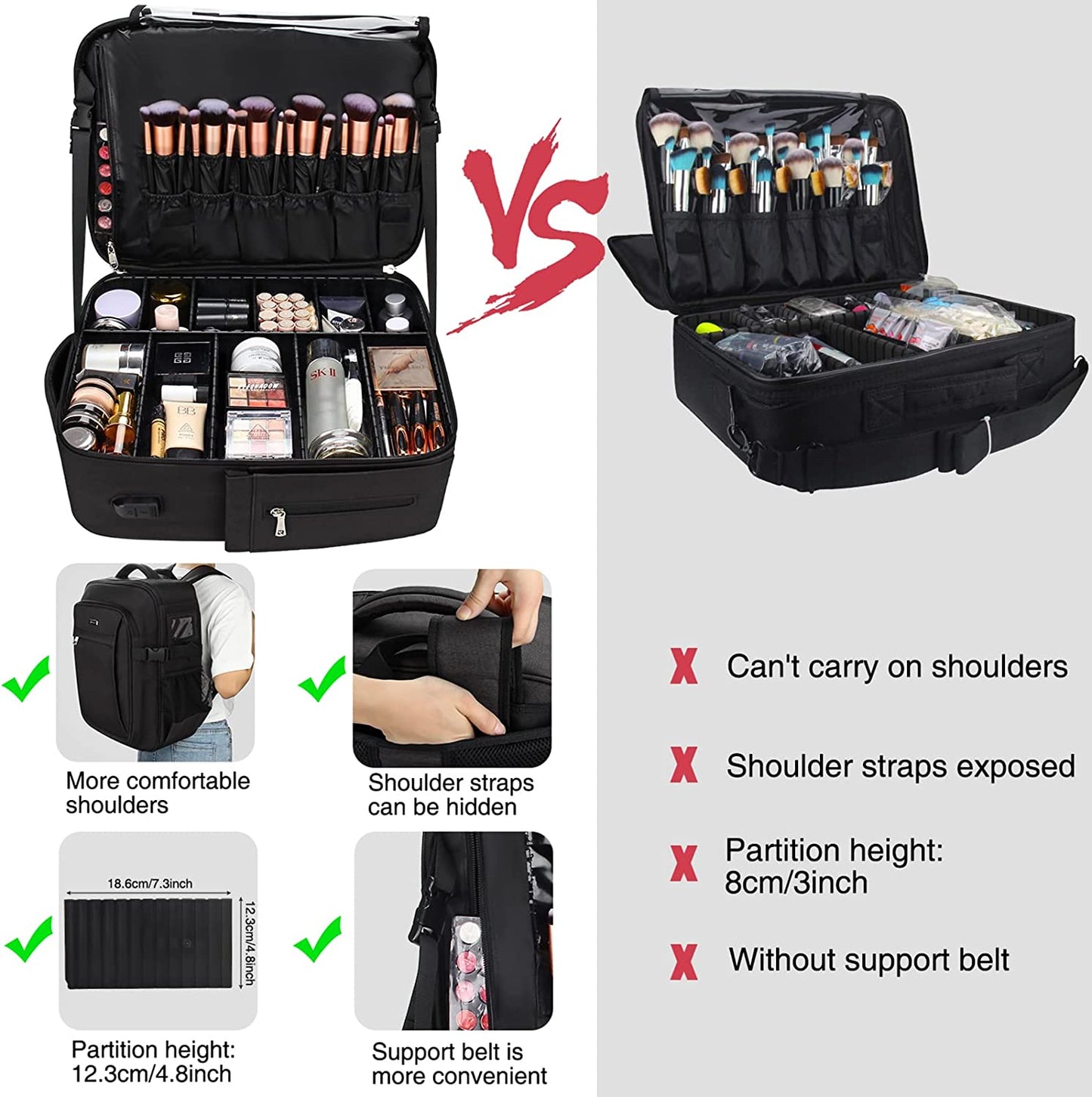 Neue professionelle, extragroße Make-up-Tasche für Make-up-Artists, mit verstellbarer Kunststoff-Unterteilung (schwarz)