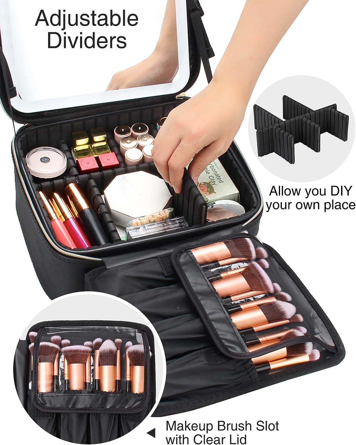 Relavel – Kleiner Make-up-Koffer mit beleuchtetem Spiegel, Schwarz