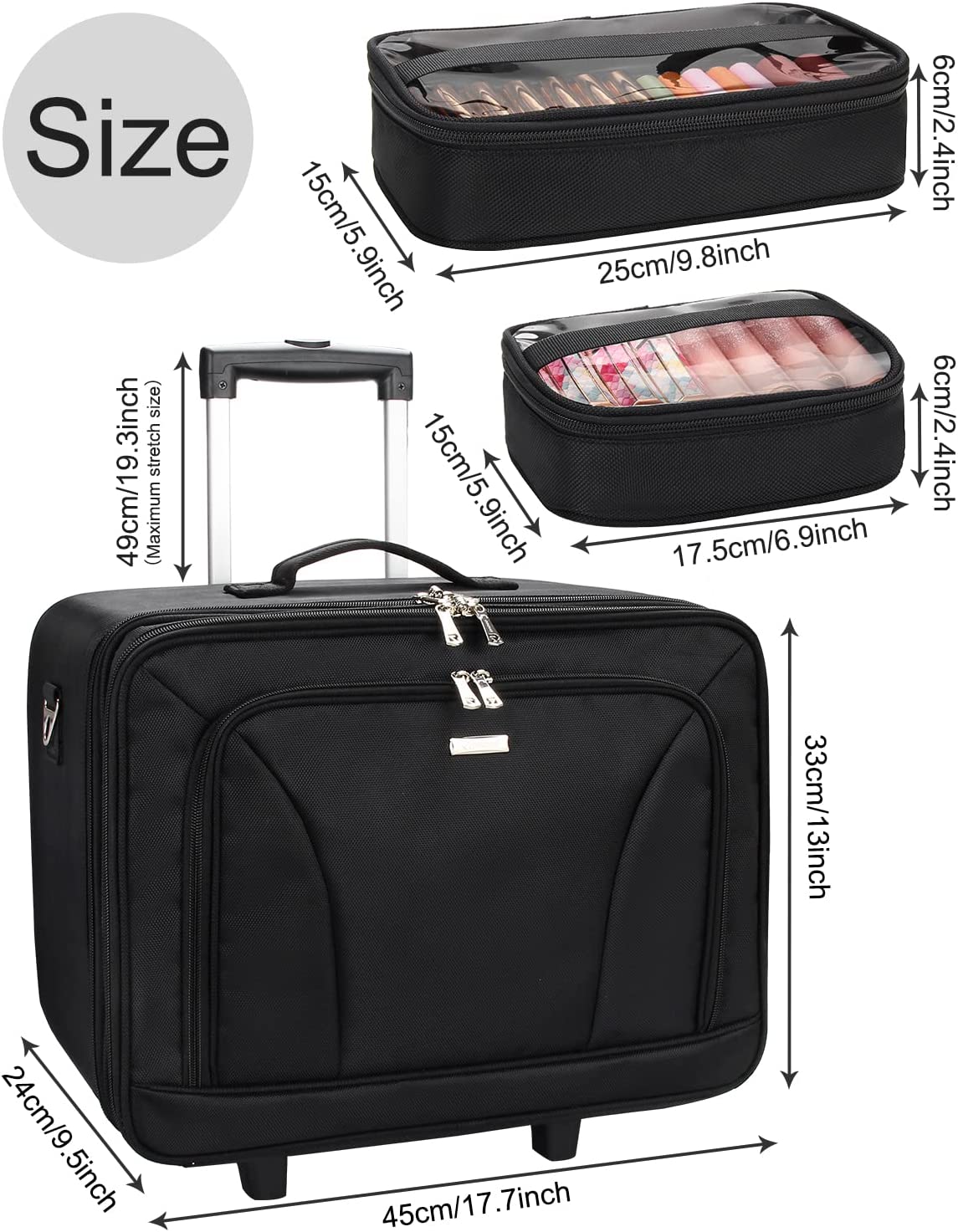 Extragroßer 3-lagiger Make-up-Koffer auf Rollen mit verstellbarer Trennwand (Schwarz)