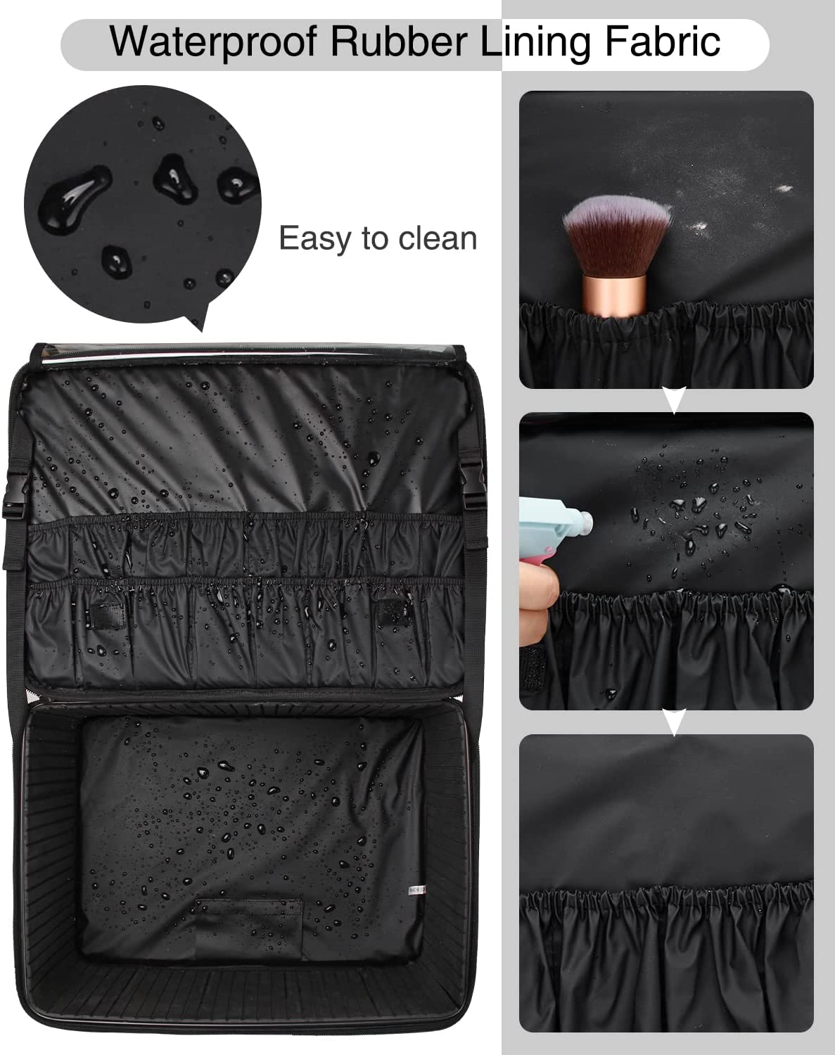 Extragroßer 3-lagiger Make-up-Koffer auf Rollen mit verstellbarer Trennwand (Schwarz)