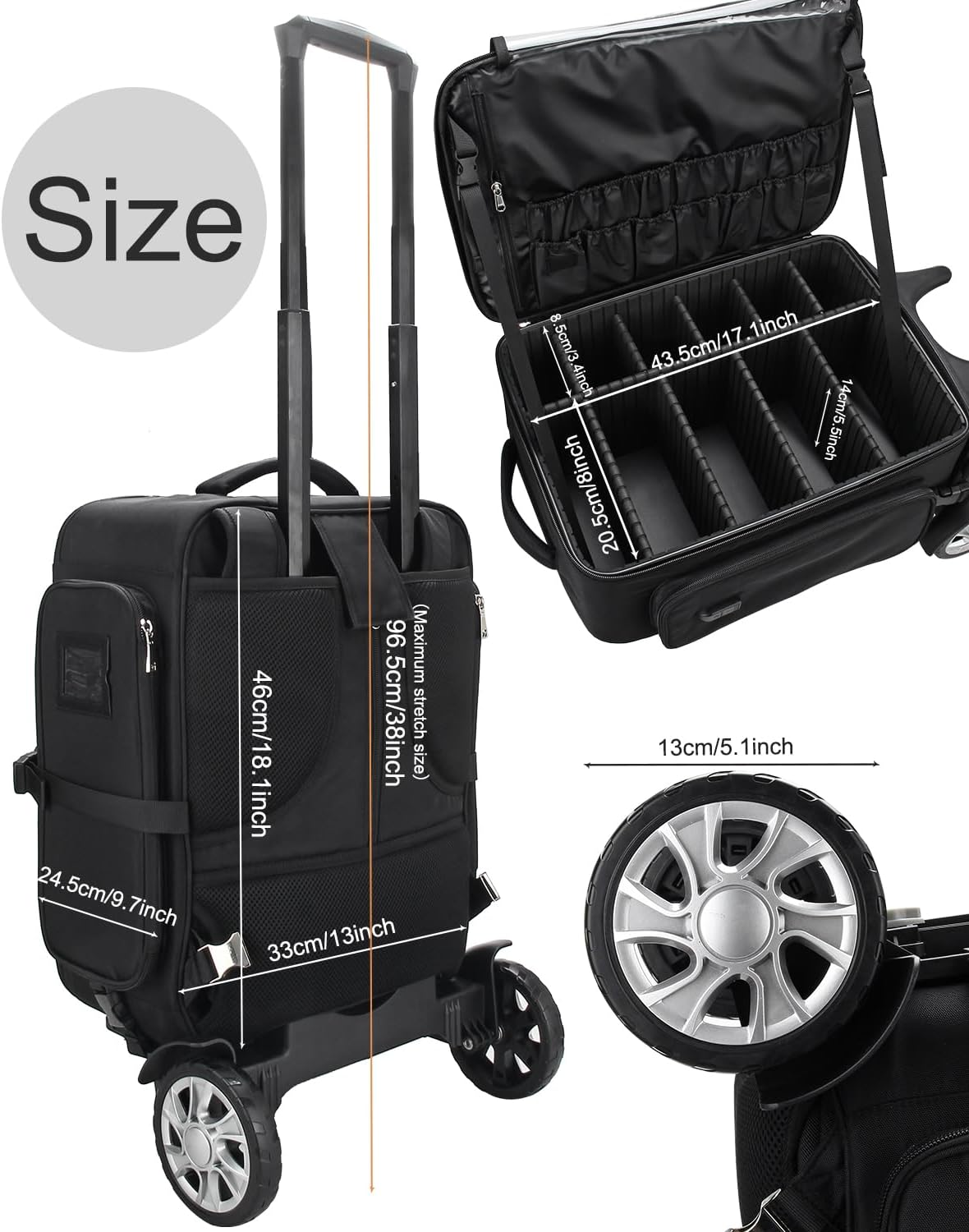 Neuer extragroßer professioneller Trolley-Make-up-Rucksack mit abnehmbarem Trolley und großen Rädern
