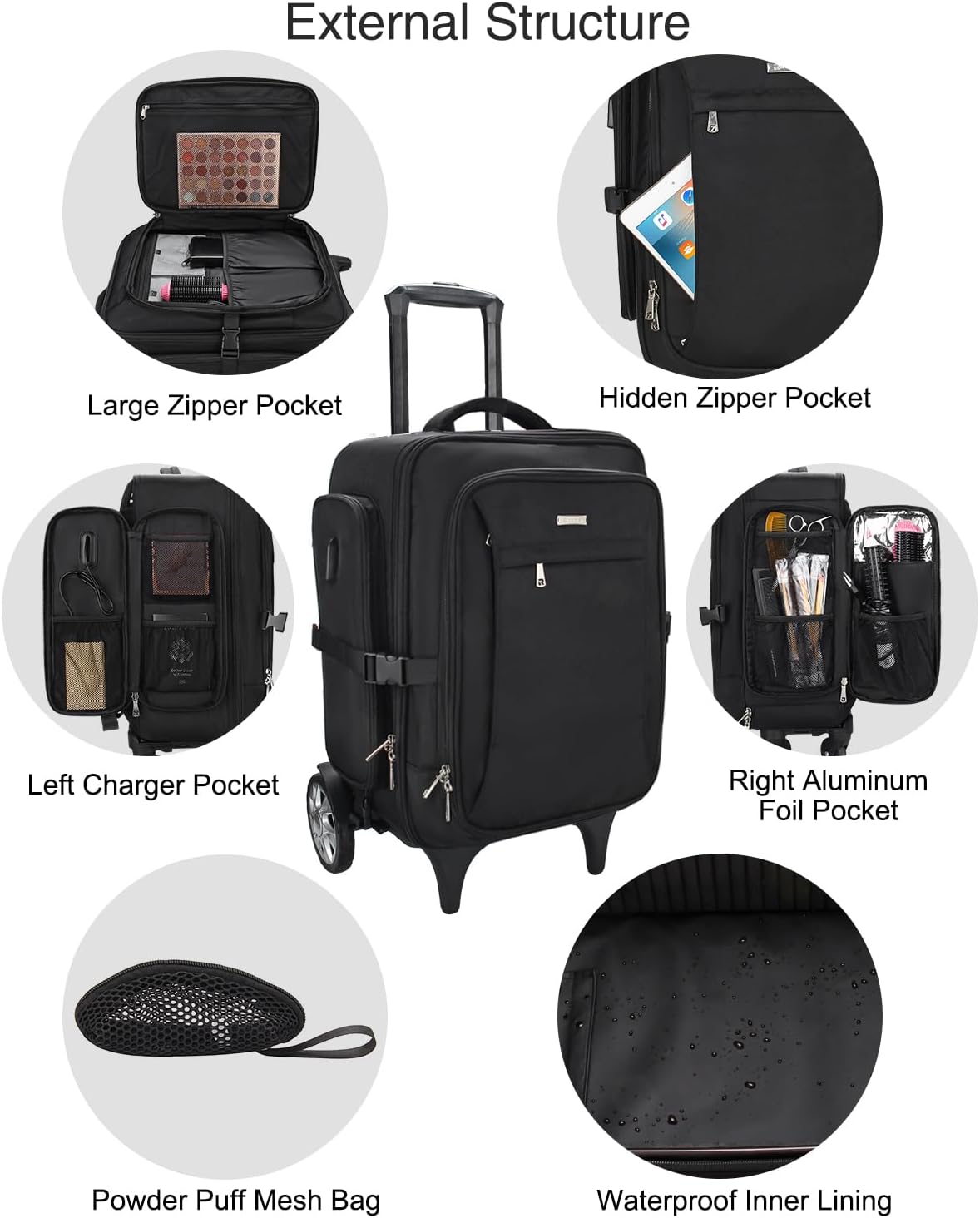 Neuer extragroßer professioneller Trolley-Make-up-Rucksack mit abnehmbarem Trolley und großen Rädern