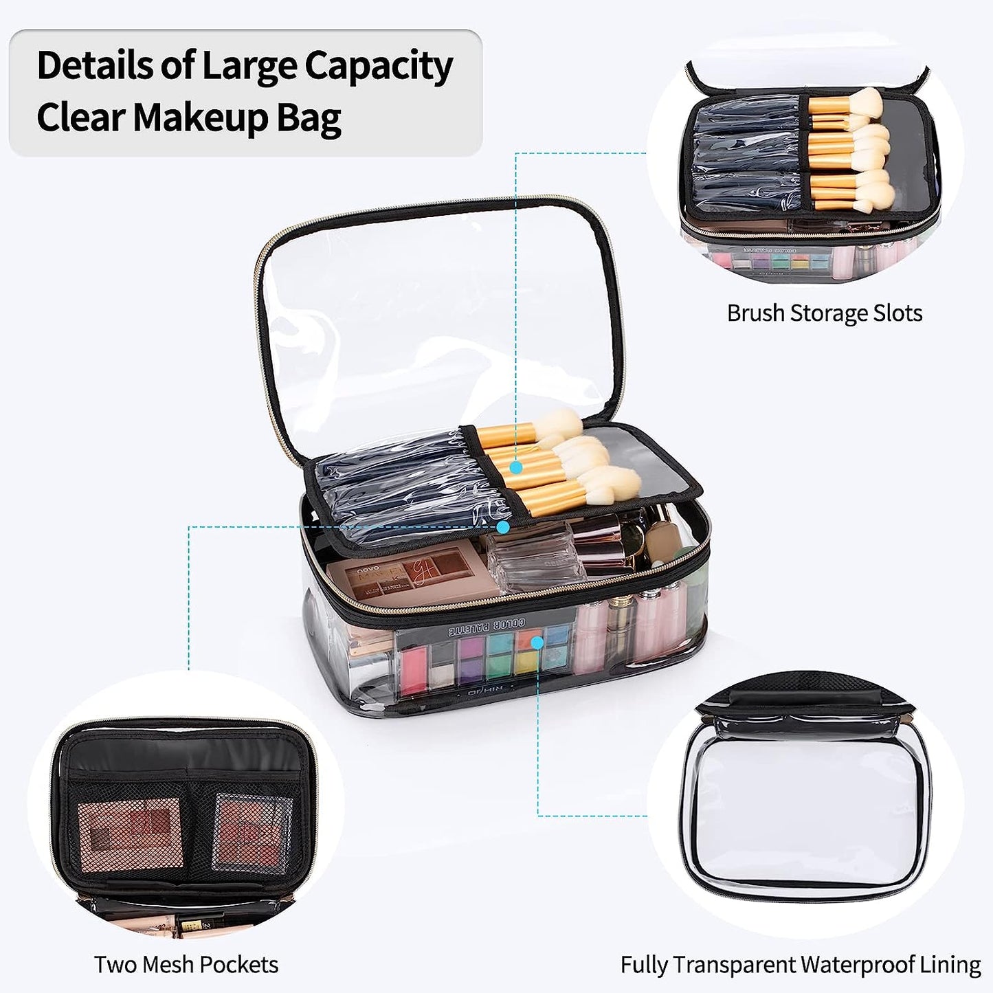 Tragbare, durchsichtige, große Make-up-Tasche mit Trennfach für Make-up-Pinsel.