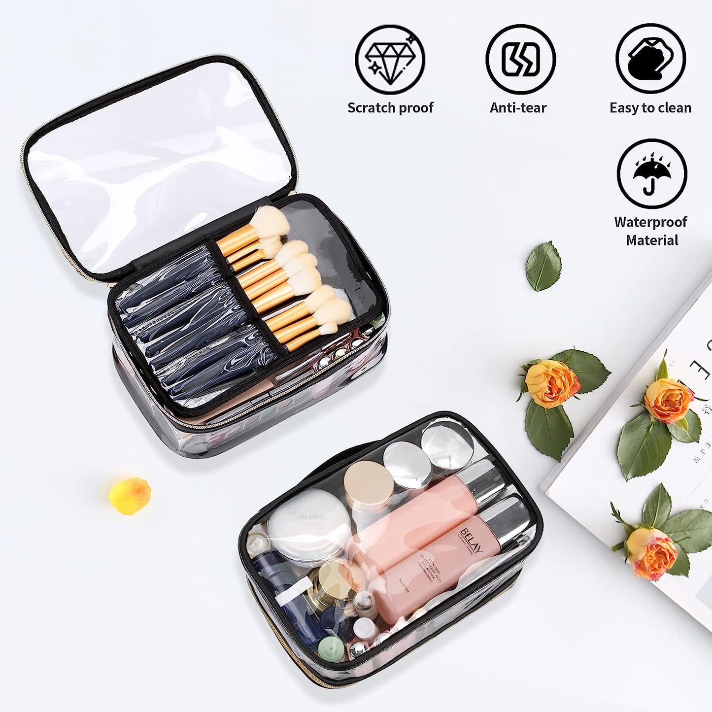 Tragbare, durchsichtige, große Make-up-Tasche mit Trennfach für Make-up-Pinsel.