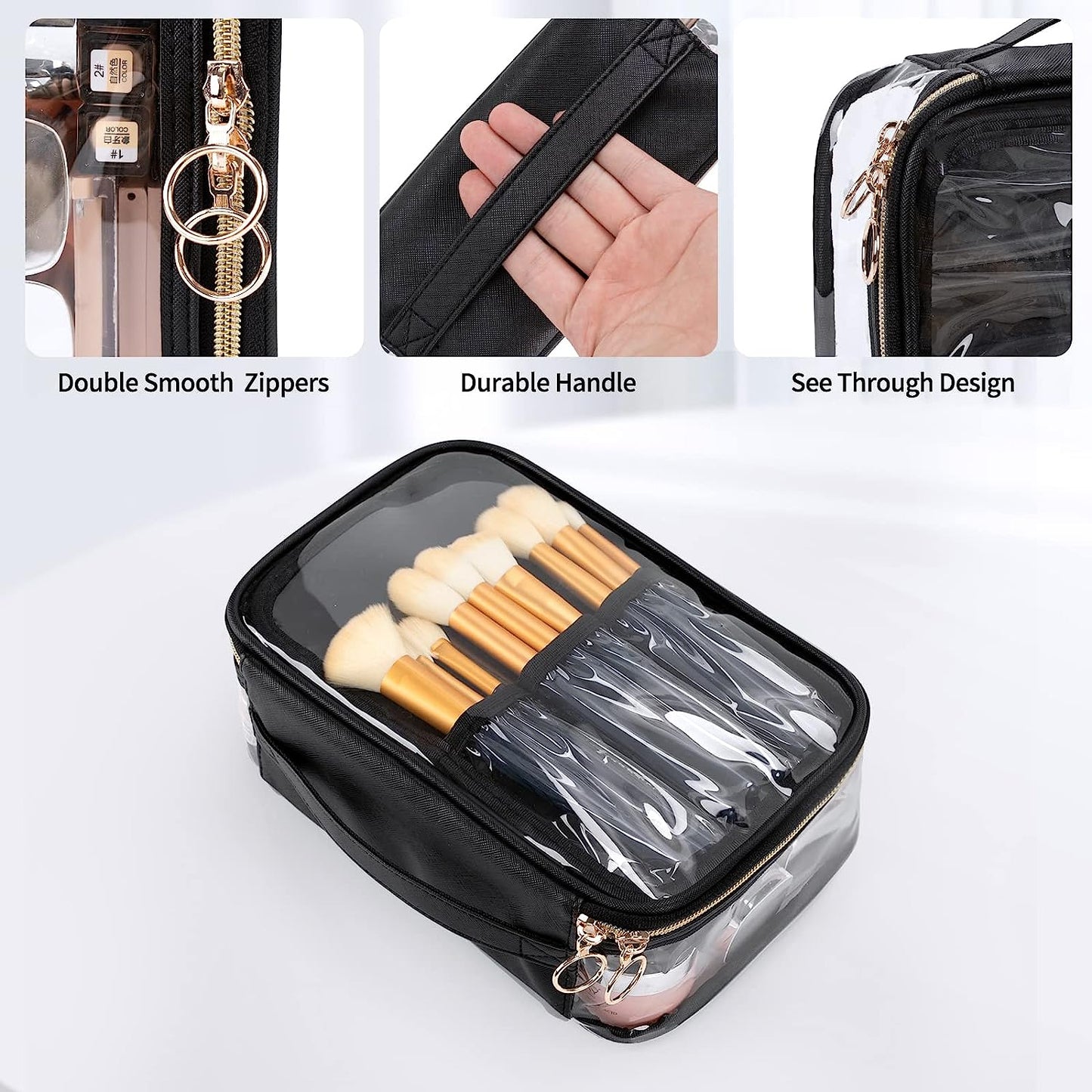 Tragbare, durchsichtige, große Make-up-Tasche mit Trennfach für Make-up-Pinsel.