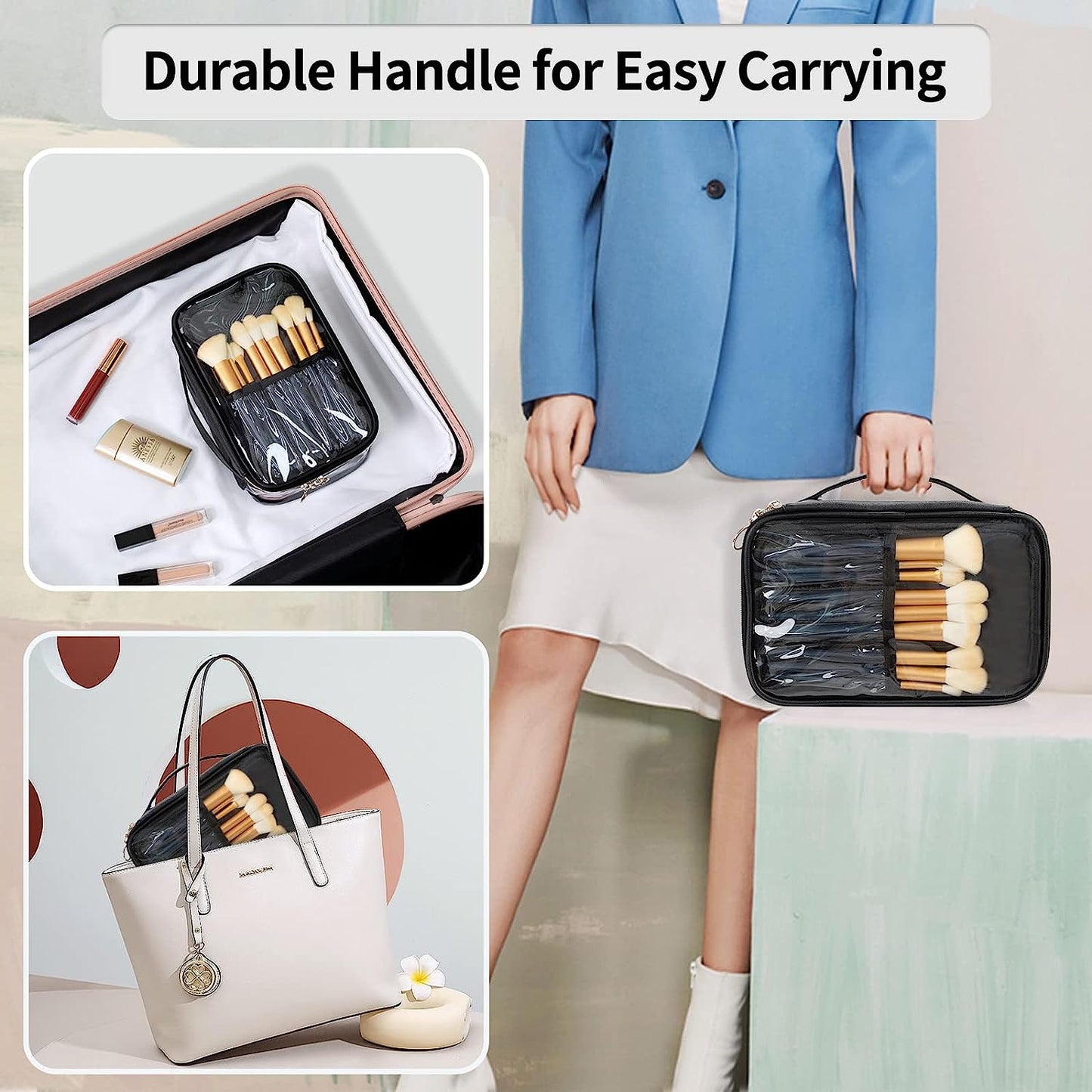 Tragbare, durchsichtige, große Make-up-Tasche mit Trennfach für Make-up-Pinsel.