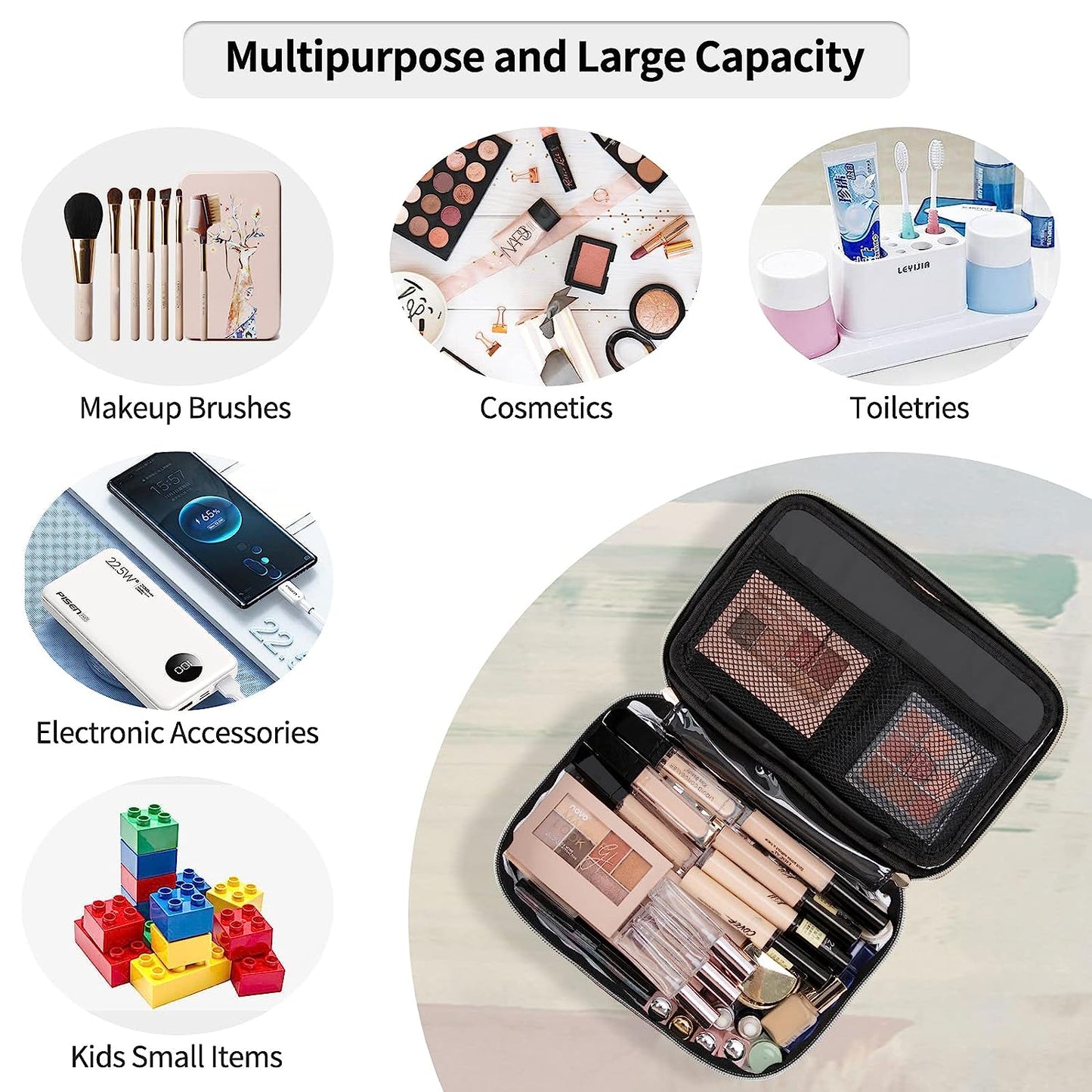 Tragbare, durchsichtige, große Make-up-Tasche mit Trennfach für Make-up-Pinsel.