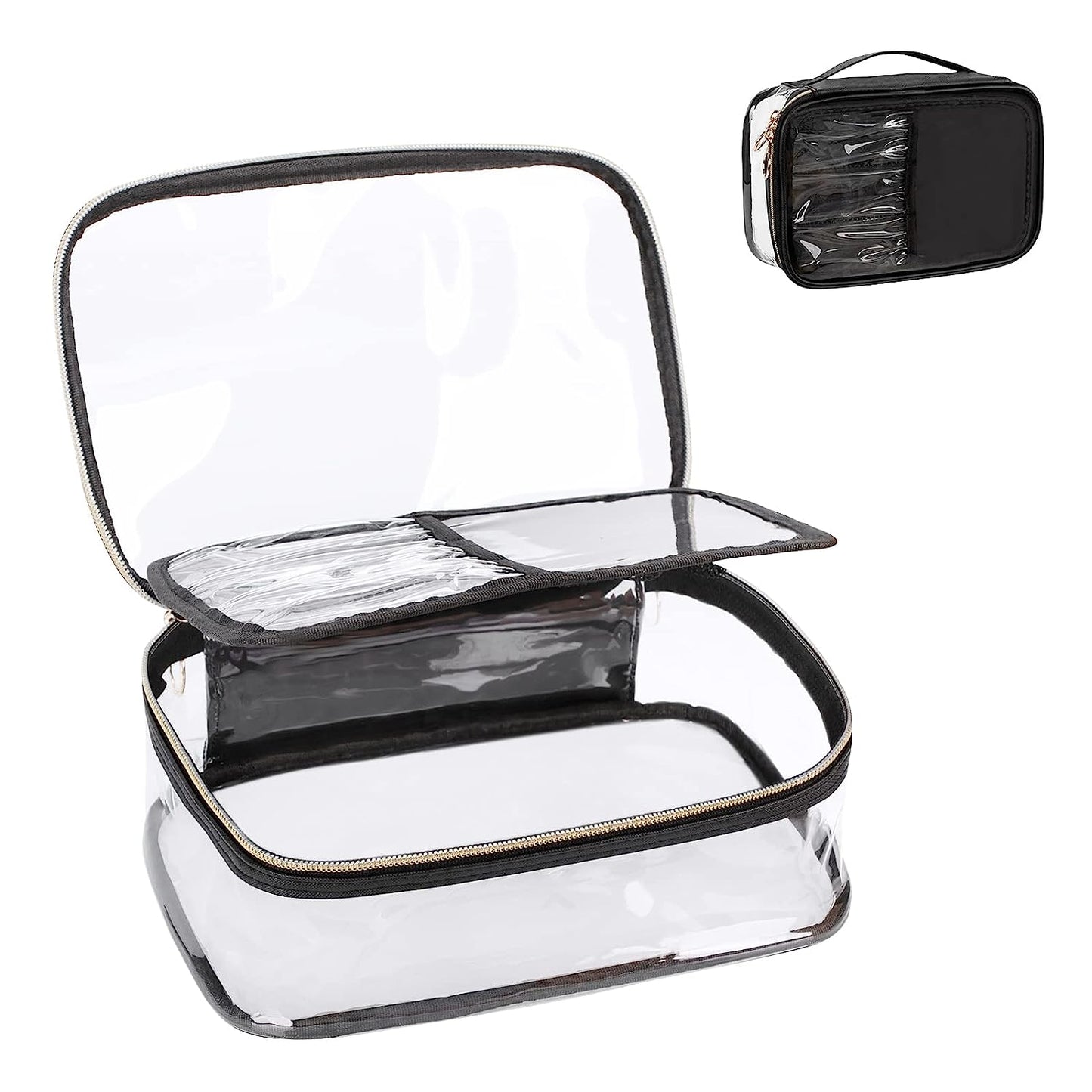 Tragbare, durchsichtige, große Make-up-Tasche mit Trennfach für Make-up-Pinsel.
