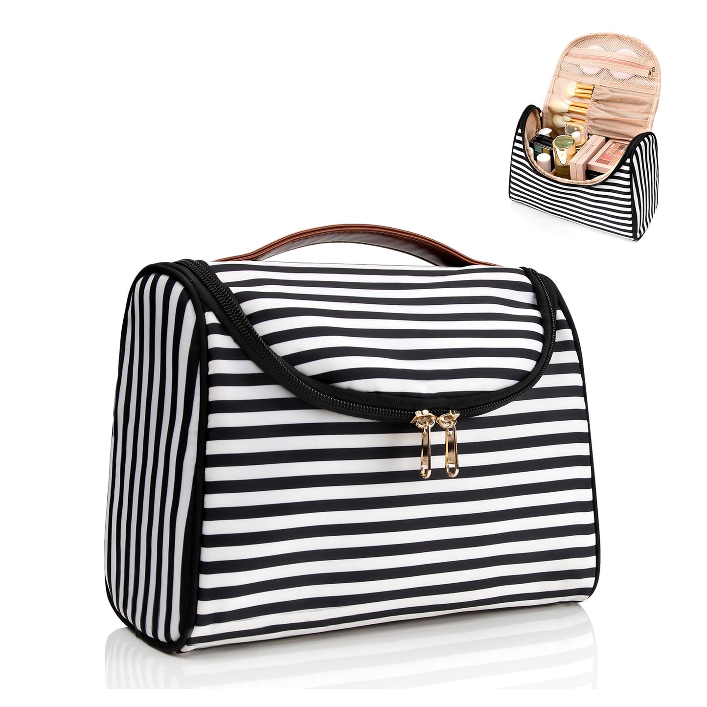 Reise-Make-up-Tasche, ätherische Kosmetiktasche für Frauen, tragbare Make-up-Organizer-Tasche, Upgrade-Kulturtasche aus Nylon für Frauen, wasserdicht (schwarz gestreift)