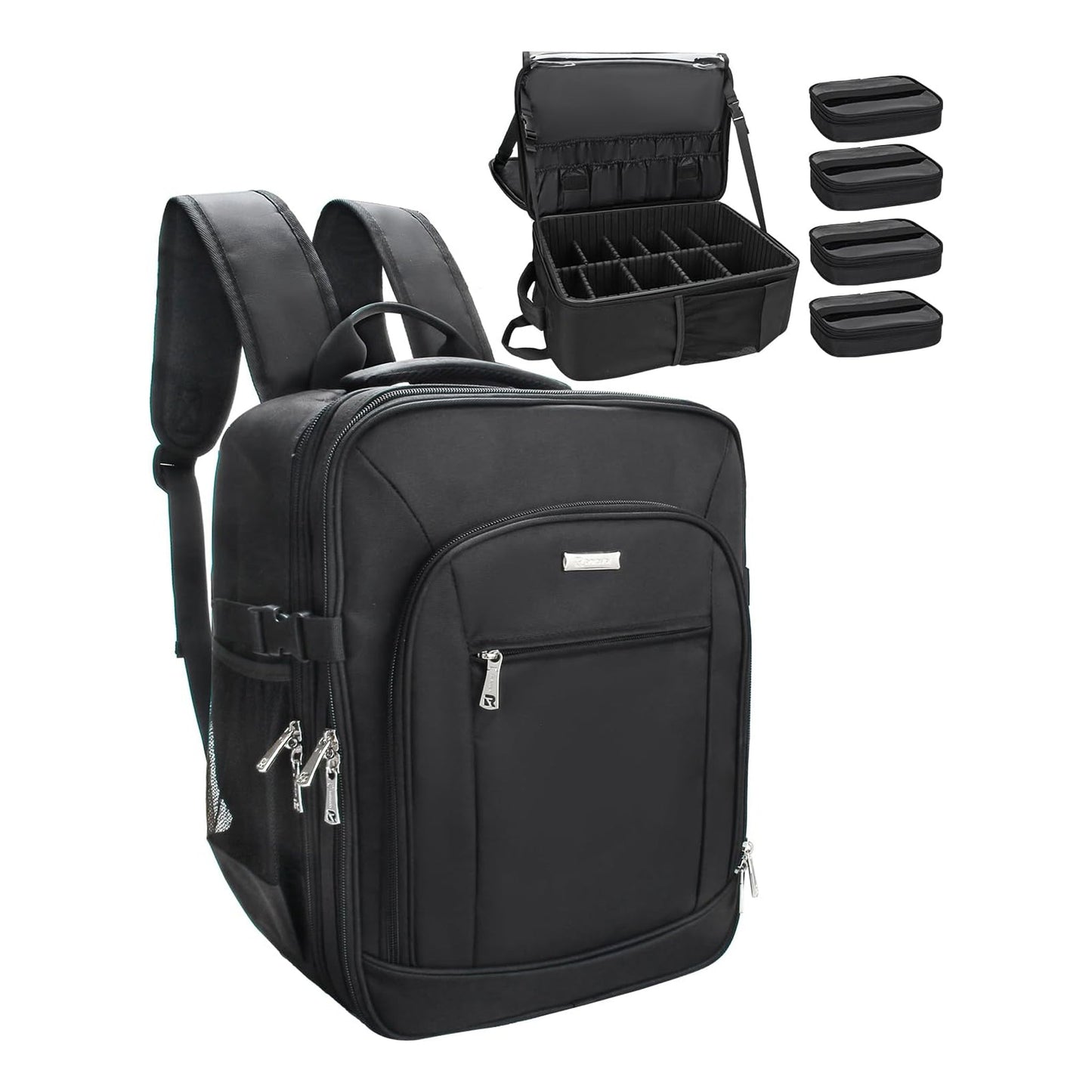 Professioneller, extragroßer Make-up-Rucksack mit 3 Lagen, 4 kleinen Kosmetiktaschen und herausnehmbarer Lippenstiftablage
