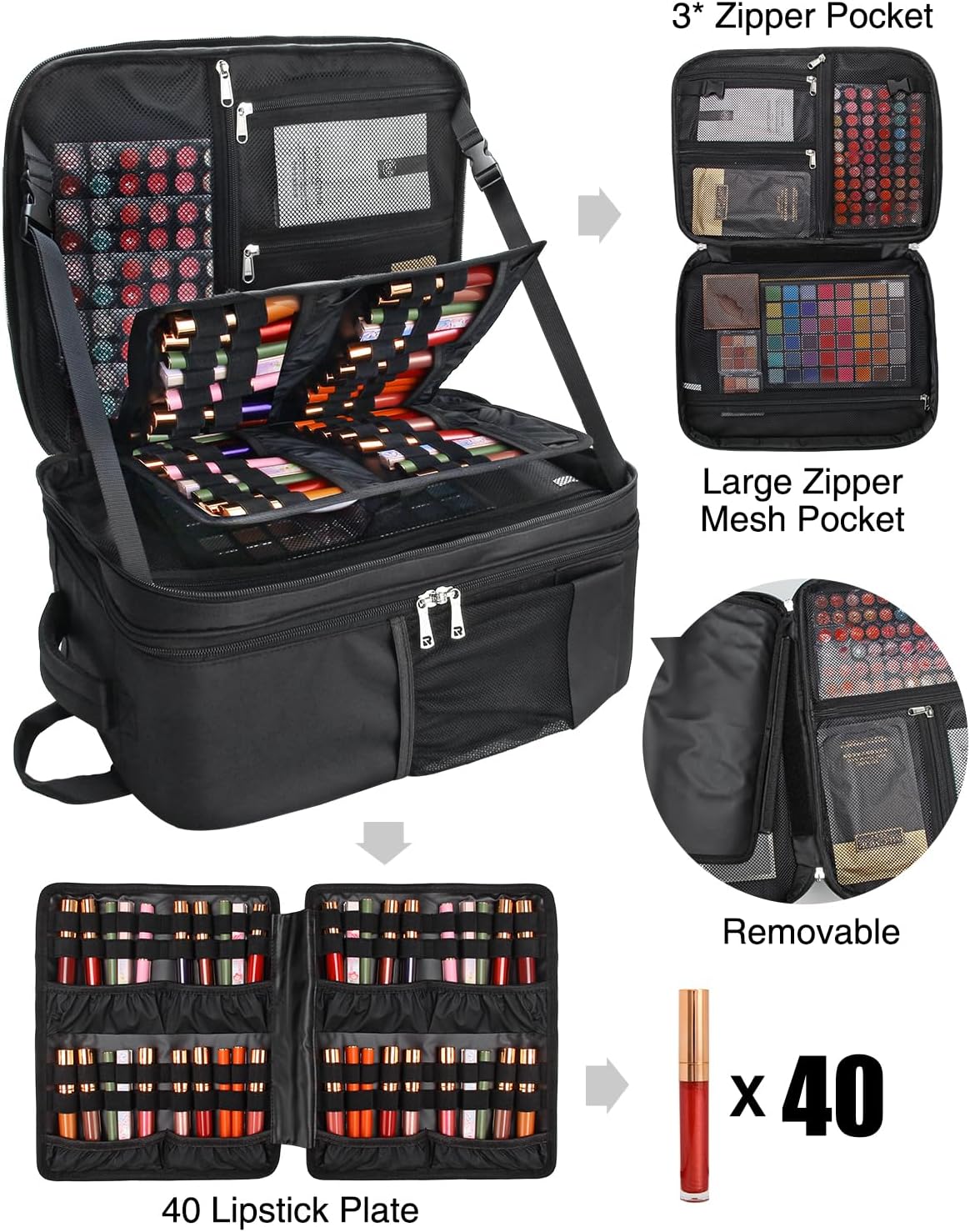 Professioneller, extragroßer Make-up-Rucksack mit 3 Lagen, 4 kleinen Kosmetiktaschen und herausnehmbarer Lippenstiftablage