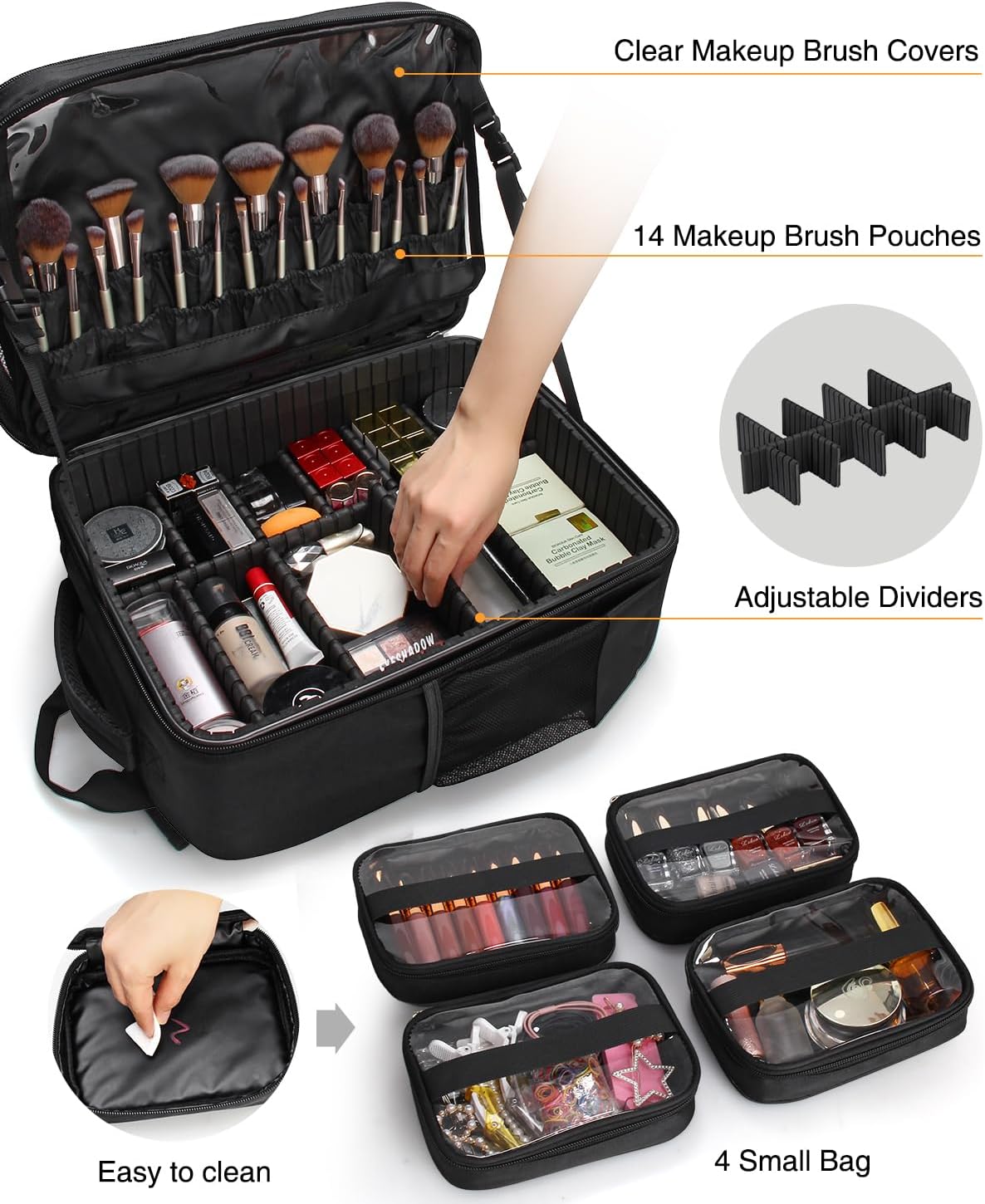 Professioneller, extragroßer Make-up-Rucksack mit 3 Lagen, 4 kleinen Kosmetiktaschen und herausnehmbarer Lippenstiftablage