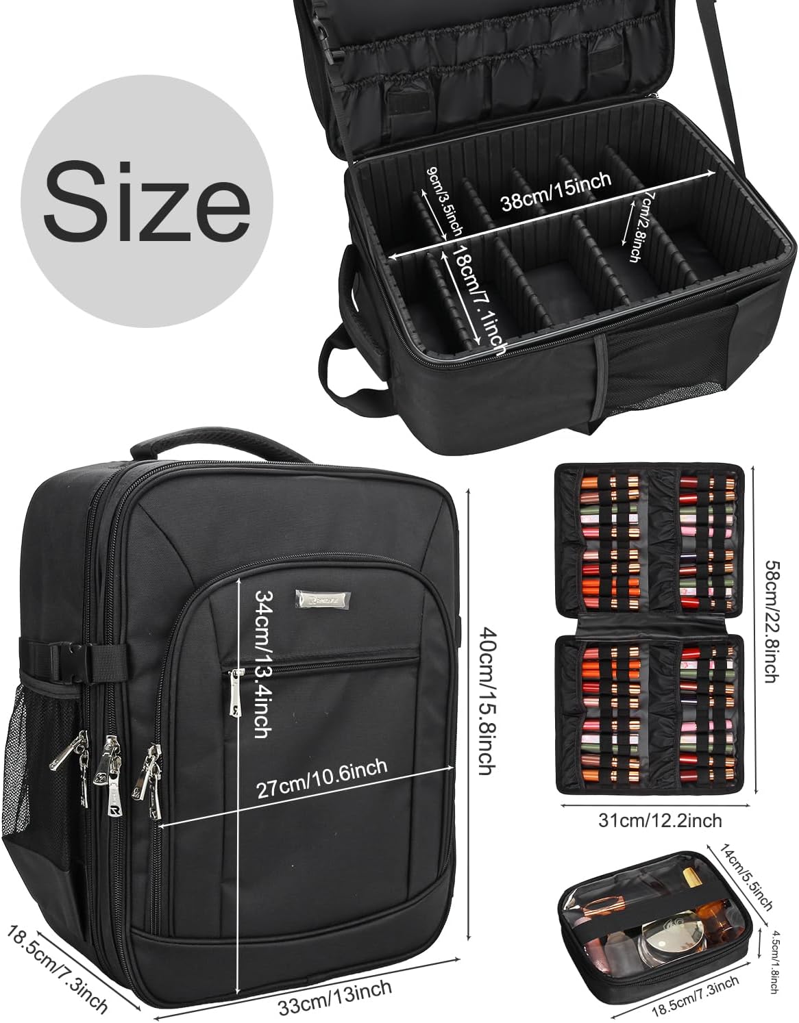 Professioneller, extragroßer Make-up-Rucksack mit 3 Lagen, 4 kleinen Kosmetiktaschen und herausnehmbarer Lippenstiftablage