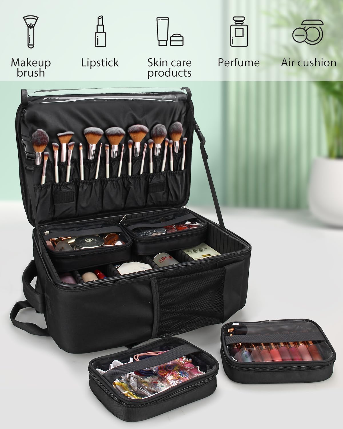 Professioneller, extragroßer Make-up-Rucksack mit 3 Lagen, 4 kleinen Kosmetiktaschen und herausnehmbarer Lippenstiftablage
