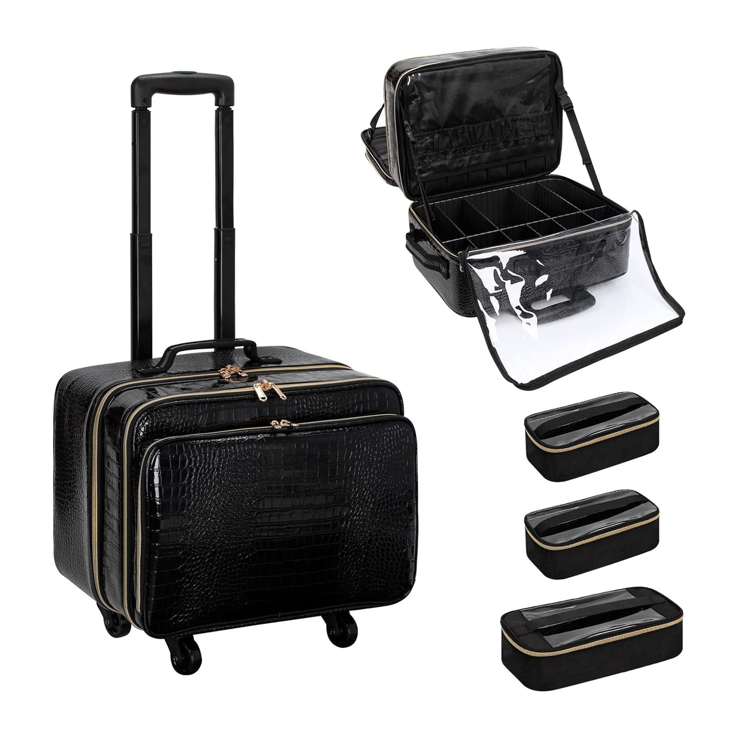 Extragroßer 3-lagiger Make-up-Koffer auf Rollen mit 3 Reisetaschen
