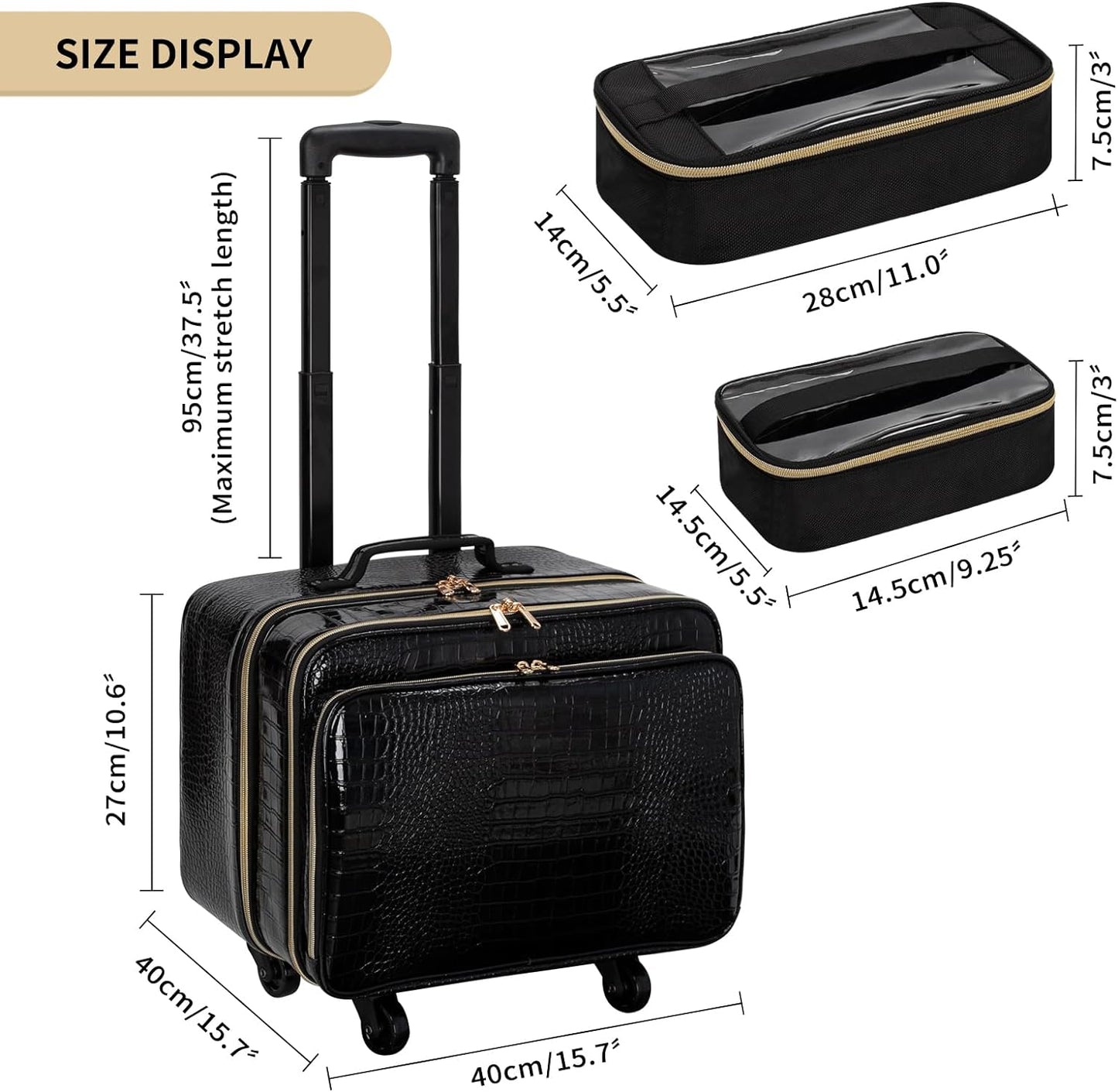 Extragroßer 3-lagiger Make-up-Koffer auf Rollen mit 3 Reisetaschen