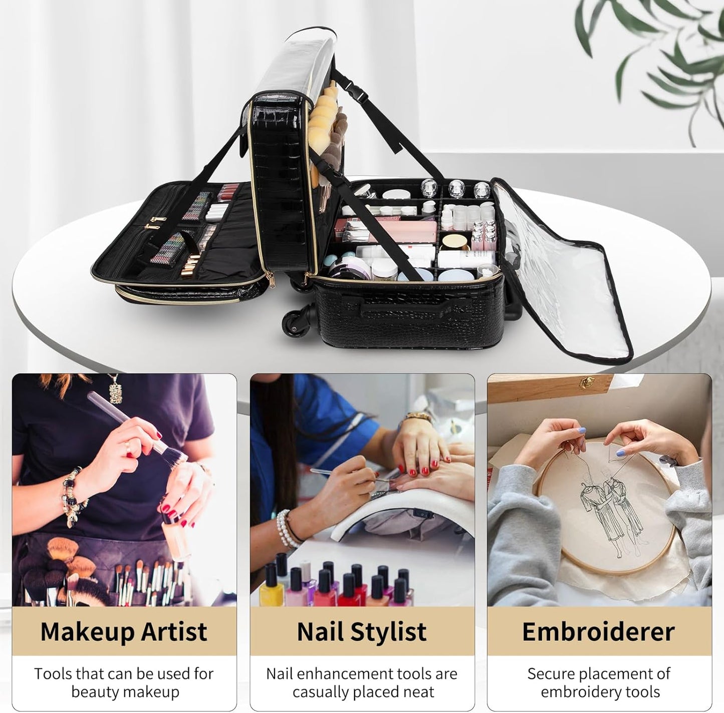 Extragroßer 3-lagiger Make-up-Koffer auf Rollen mit 3 Reisetaschen