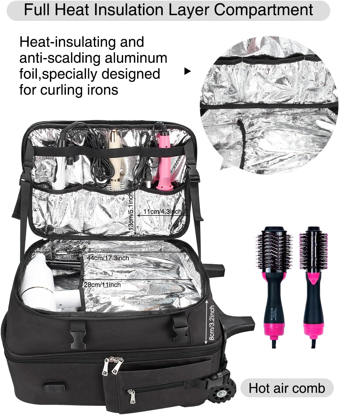 Rollbarer, extragroßer Make-up-Rucksack für Friseure mit Wärmeisolationsschicht und verstellbaren Trennwänden