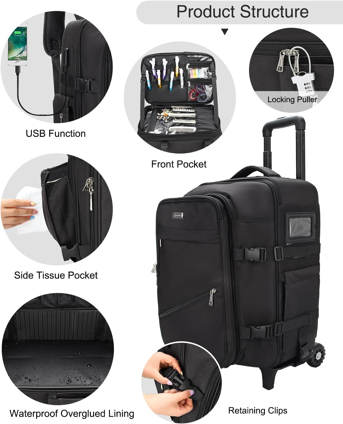 Rollbarer, extragroßer Make-up-Rucksack für Friseure mit Wärmeisolationsschicht und verstellbaren Trennwänden