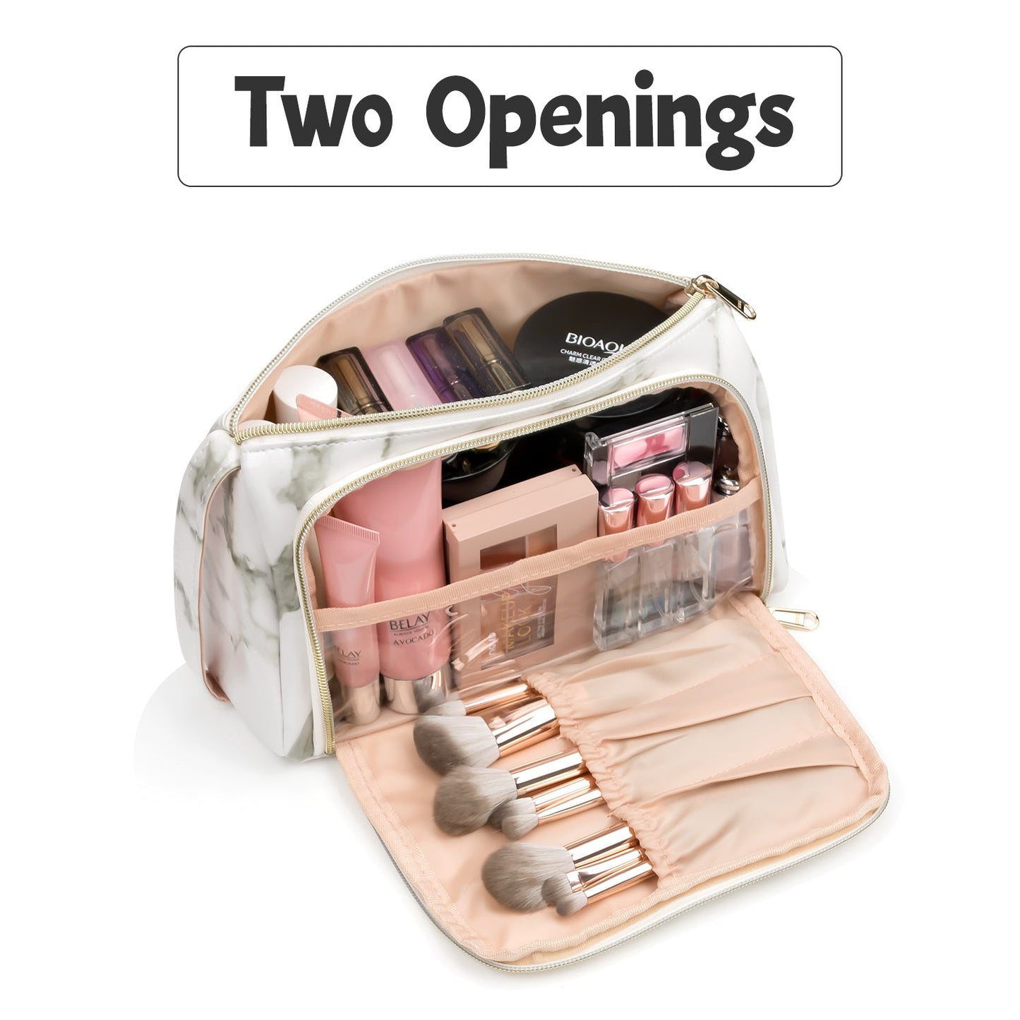 Kleine Make-up-Tasche, Make-up-Beutel, Reise-Kosmetik-Organizer für Frauen und Mädchen (Oxford-Stoff, Marmorweiß)
