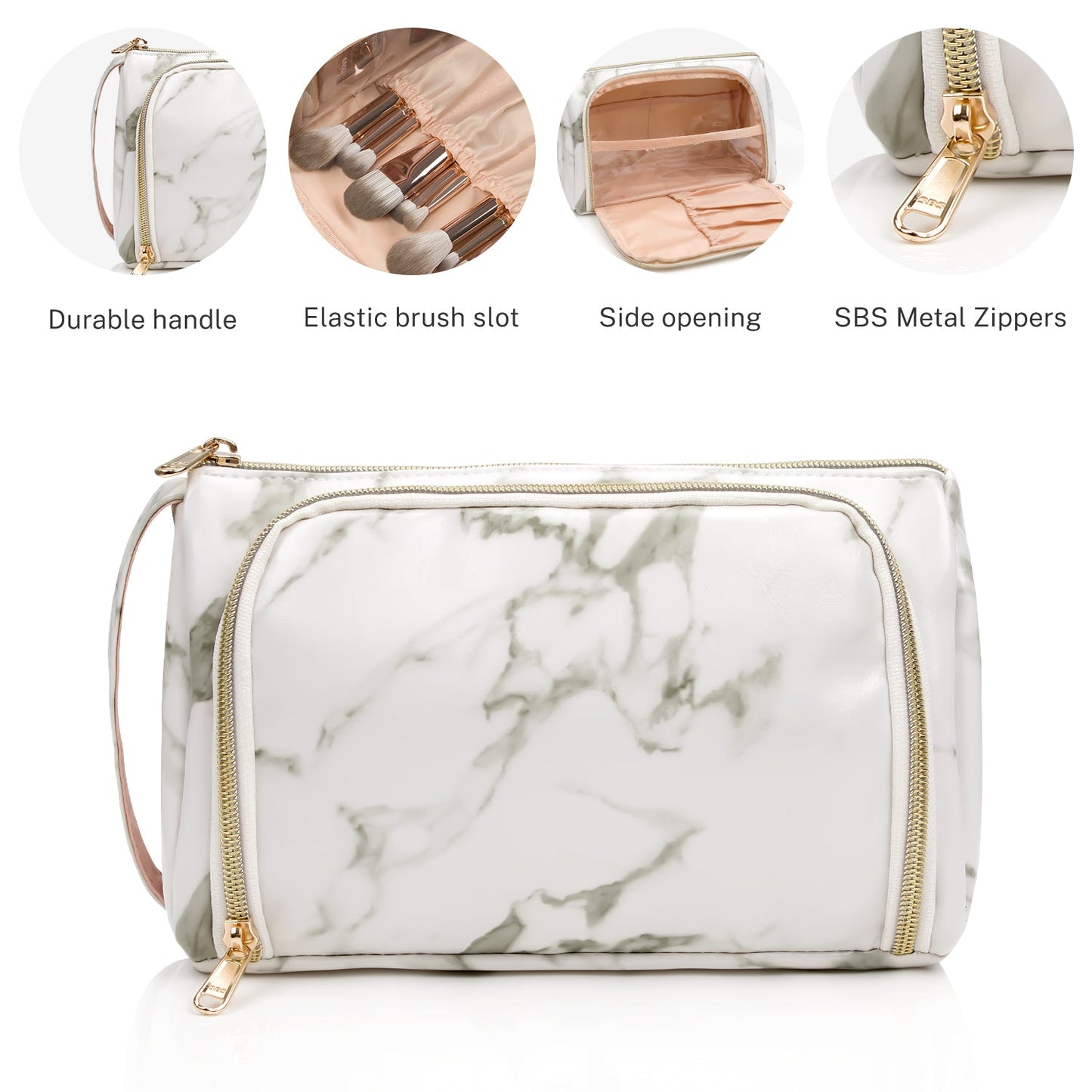 Kleine Make-up-Tasche, Make-up-Beutel, Reise-Kosmetik-Organizer für Frauen und Mädchen (Oxford-Stoff, Marmorweiß)
