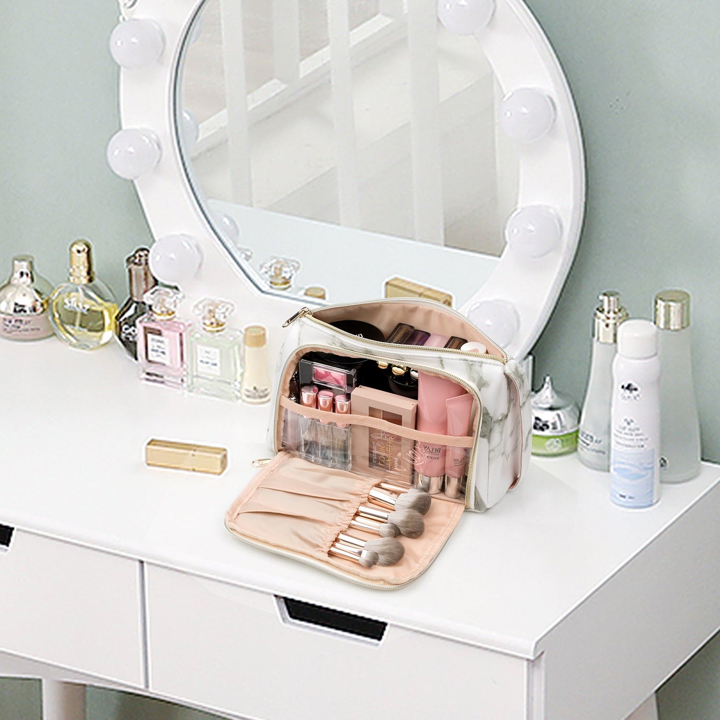 Kleine Make-up-Tasche, Make-up-Beutel, Reise-Kosmetik-Organizer für Frauen und Mädchen (Oxford-Stoff, Marmorweiß)