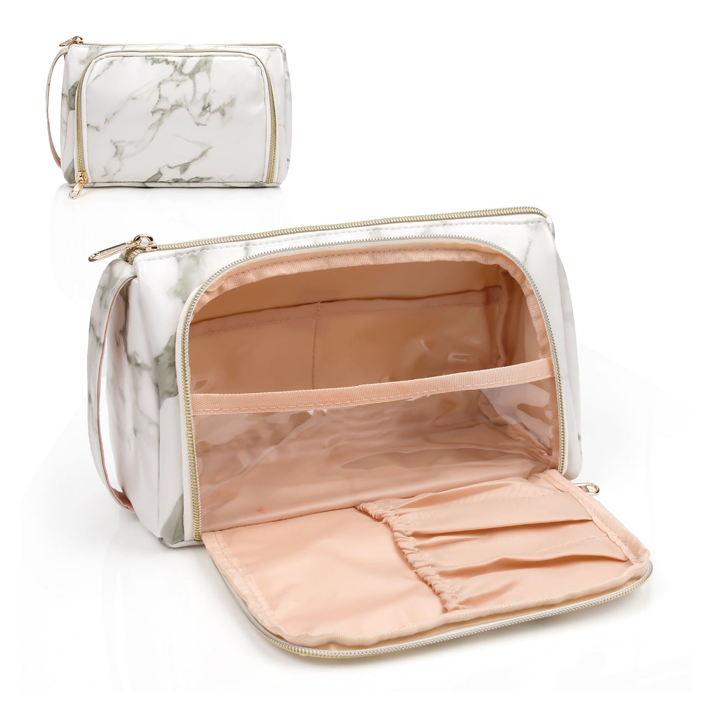 Kleine Make-up-Tasche, Make-up-Beutel, Reise-Kosmetik-Organizer für Frauen und Mädchen (Oxford-Stoff, Marmorweiß)