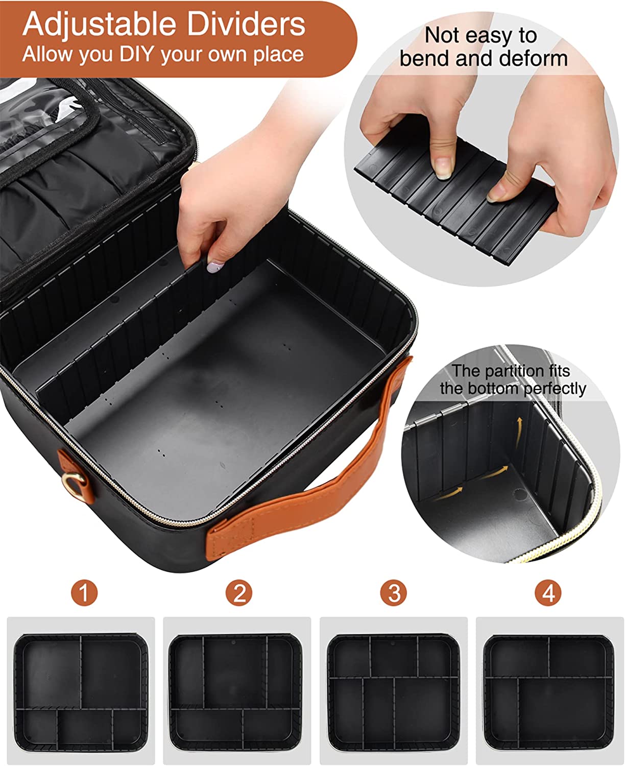 Relavel Reise-Make-up-Tasche mit waschbaren, verstellbaren Trennwänden aus Kunststoff, Schwarz